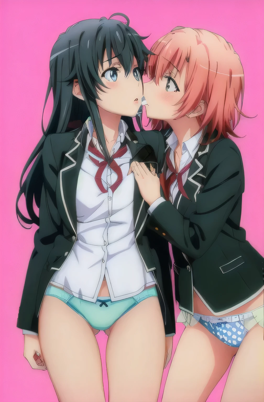 2 girls , bed,Yukinoshita Yukino , Yuigahama Yui , kiss , Drool,school uniform,check skirt,the skirt is rolled up,blue panties ,pink panties,