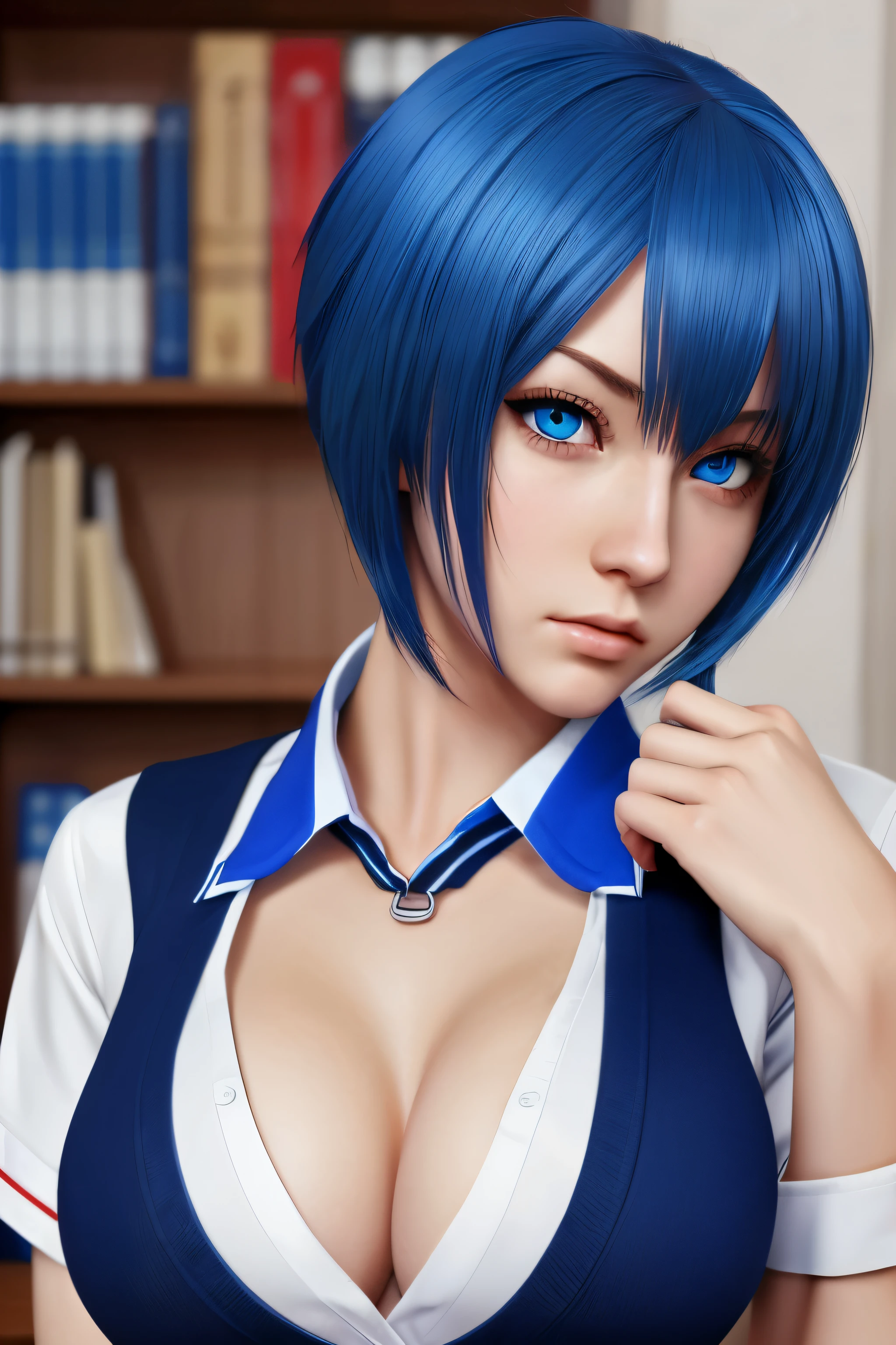 "(melhor qualidade, high resolution, ultra-detalhado), Realista, female, adolescent, cabelo azul, olhos vermelhos, uniforme escolar, temperamental, manipulativo, Tsundere, Violento, cabelo curto, medium breasts, estudante"