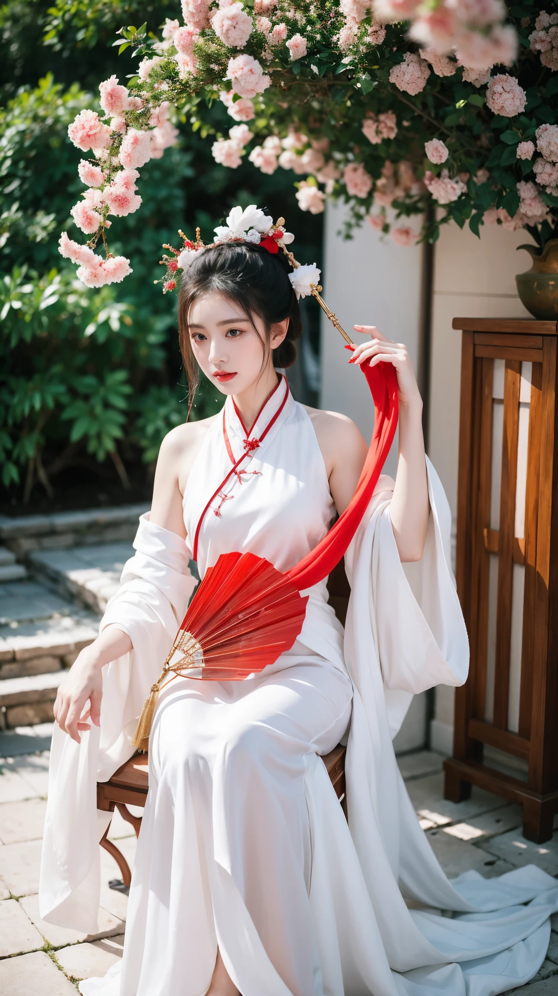 arafed woman in a white dress holding a fan and a red vase, white hanfu, inspired by Tang Yin, inspired by Tang Yifen, xianxia fantasy, inspired by Qiu Ying, inspired by Huang Ji, queen of the sea mu yanling, ancient chinese beauties, inspired by Chen Rong, inspired by Luo Mu, sha xi