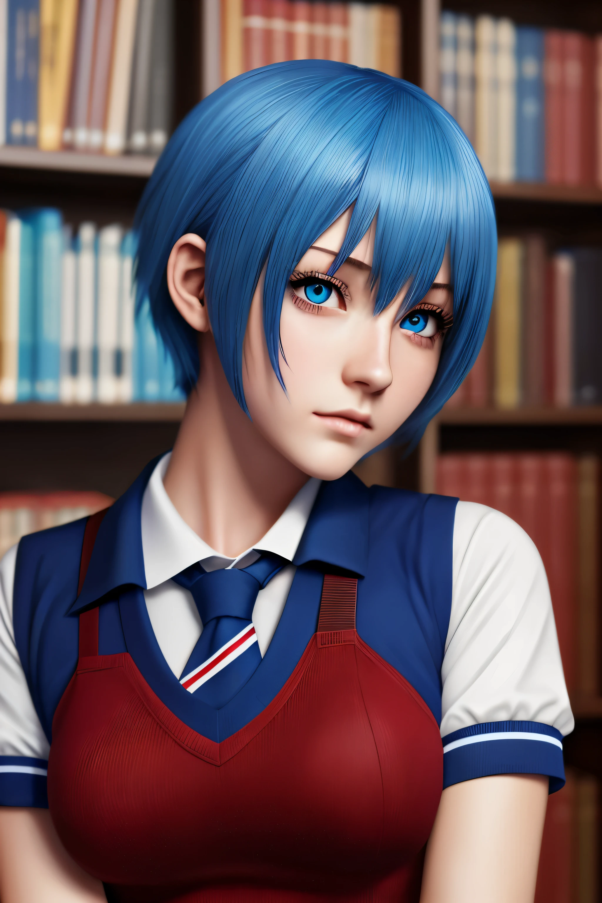 "(melhor qualidade, high resolution, ultra-detalhado), Realista, female, adolescent, cabelo azul, olhos vermelhos, uniforme escolar, temperamental, manipulativo, Tsundere, Violento, cabelo curto, medium breasts, estudante"
