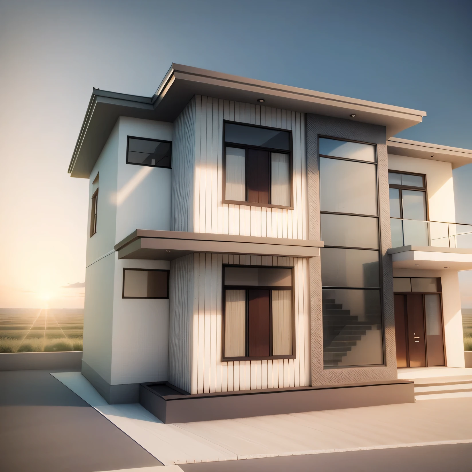 a rendering of a two story house with a balcony and balconies, exterior design, front elevation view, neotraditional modern, 3 d rendering, 3d rendering, front perspective, contemporary house, 3/4 view realistic, rendering, concept house, wide angle exterior 2022, frontview, front view dramatic, front elevation, residential design