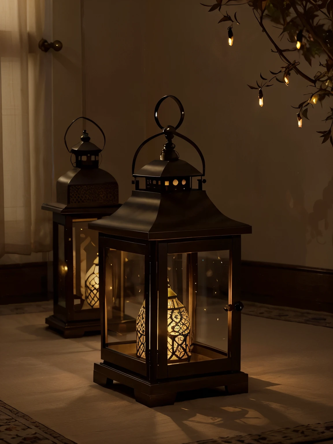 "Generate a captivating theme featuring lantern glowing lights on an Islamic wallpaper, creating a mesmerizing Ramadan background. Envision a scene where radiant lanterns cast a warm and inviting glow, complementing an elegant Islamic pattern in the background. Request a wallpaper that captures the spirit of Ramadan, with the luminous beauty of lanterns providing a focal point. Utilize a color palette that harmonizes with the cultural significance of Ramadan, evoking a sense of tranquility and spirituality. Aim for a theme that is visually stunning, culturally resonant, and suitable for various applications, symbolizing the illuminated beauty of Ramadan through the presence of glowing lantern lights on an intricate Islamic wallpaper."