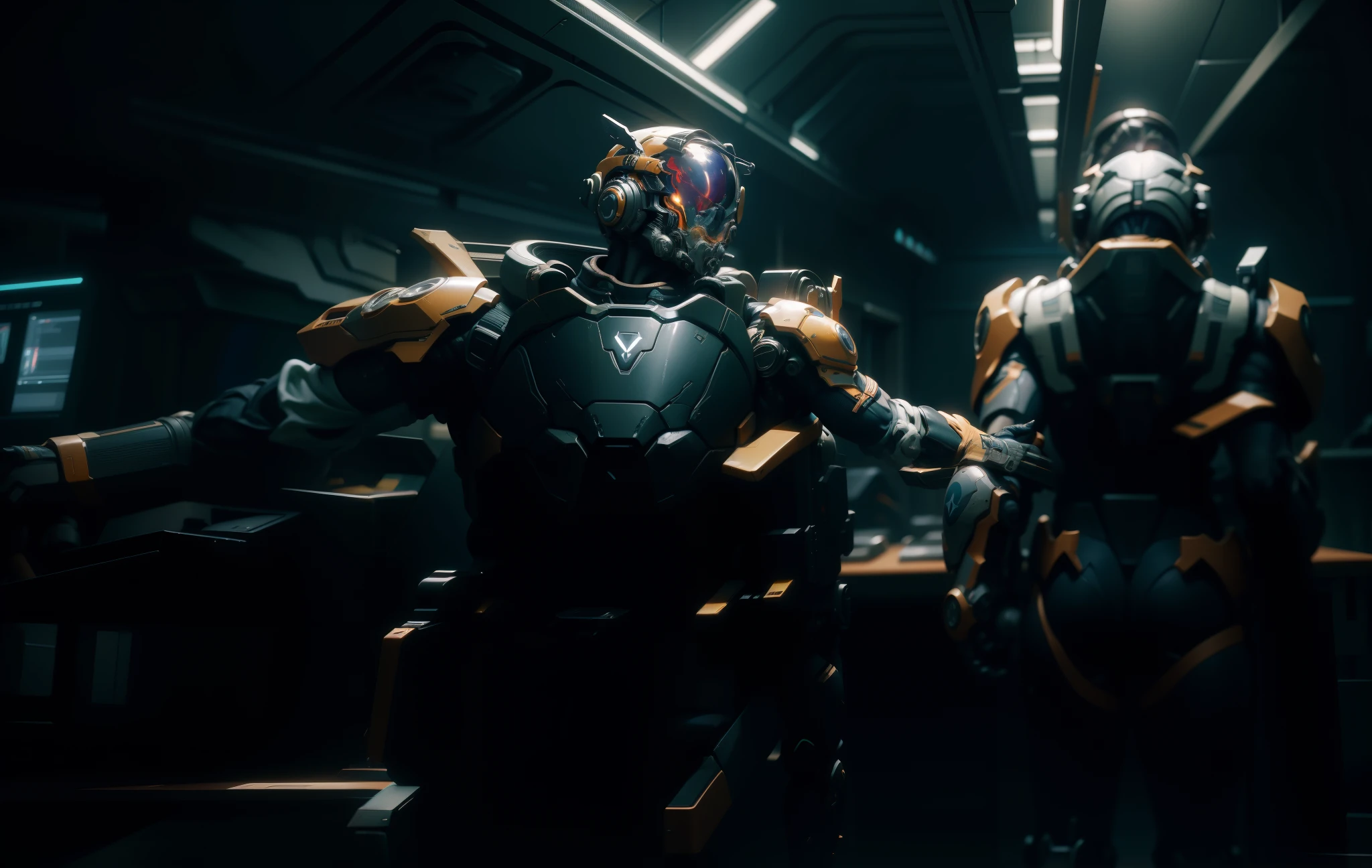 there are two people in costumes standing in a room, 8k octane rendered, unreal octane render, video game screenshot>, hd 4k game screenshot, star citizen origin 100i, star citizen halo, octane 8k render, screenshot from an fps, octane 8 k render, 8 k octane detailed render, unreal engine octane, octane highly detailed cinematic