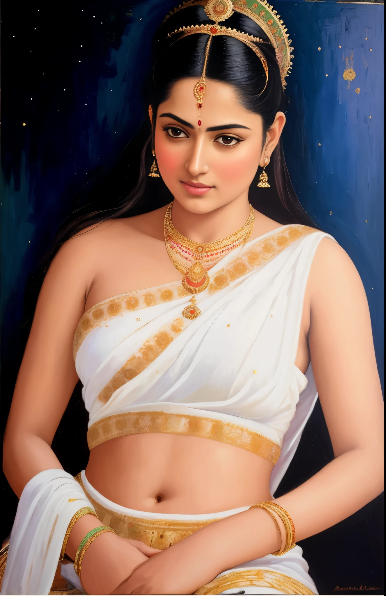 Bathing woman, gorgeous, Masterpiece,8k uhd, hdr, realistic, hyper realistic, intricate, vibrant colour, painting of a woman in a sari sitting on a chair, traditional beauty, inspired by Raja Ravi Varma, indian art, by Raja Ravi Varma, painting of beautiful, inspired by T. K. Padmini, painting of a woman, soft lighting , by Sardar Sobha Singh, gorgeous woman, oil on canvas painting, traditional painting, oil-painting