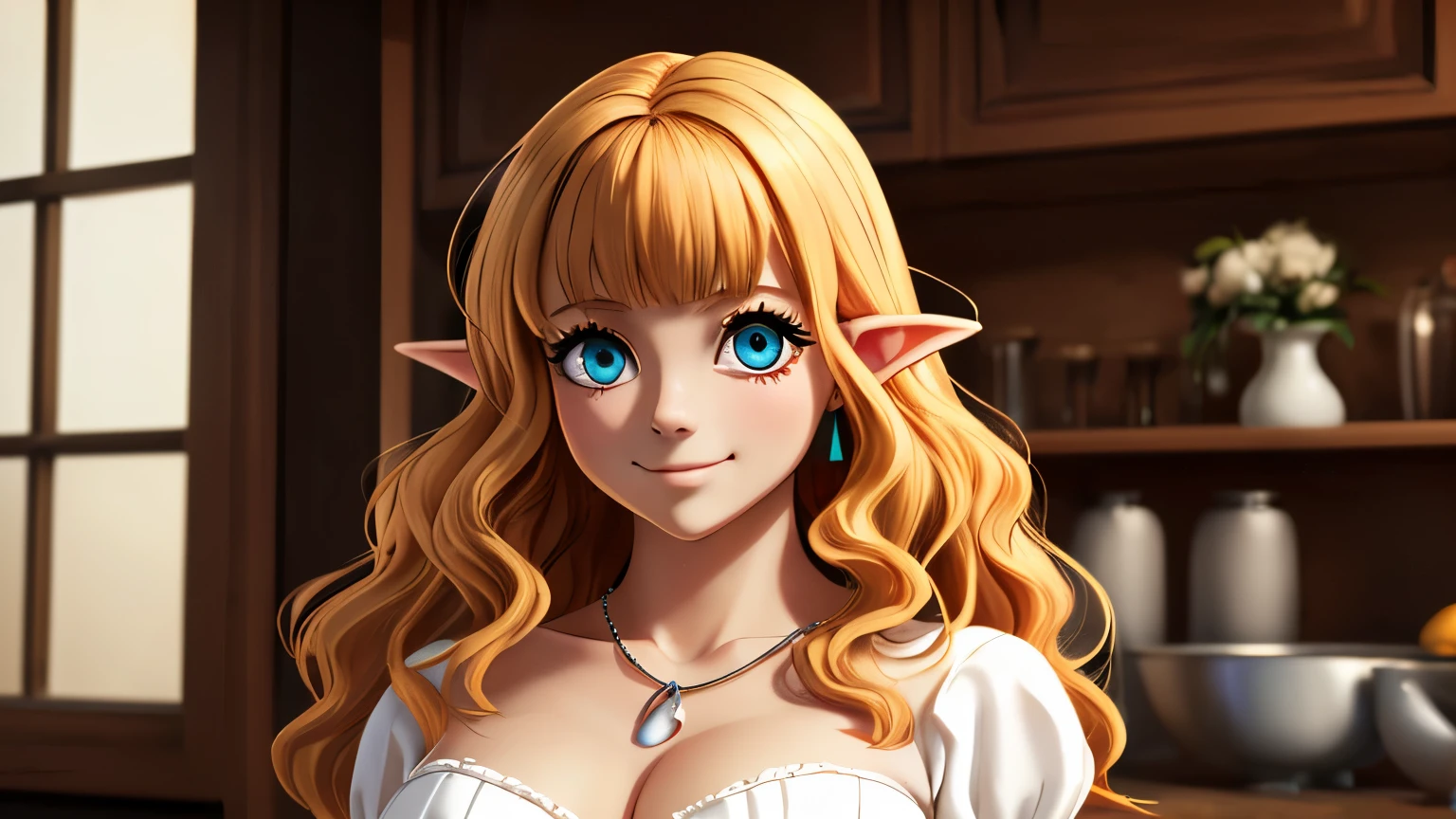 Beautiful elf girl, one, gentle,  Messy long hair with long bangs, beautiful cute face, Charming, smiles tenderly,, The kind expression on his face, Facing the camera, ((Color of the skin: white)), Body highlights, ((Clear eyes)), ((Beautiful Female Eyes)),  ((Perfect sexy figure)), ((Ideal body shapes)), big hips, ((Slim and beautiful)), ((sexy clotheedieval white dress with black corset and sexy neckline, necklace)),  background: Modern Kitchen Beautiful House, depth of field, ((ultra quality)), ((the masterpiece)), ((sharp image)), ((clear details)), ((Realistic)), ((professional photo shoot)), ((Clear Focus)), anime, ((Colorfully drawn)), NFV