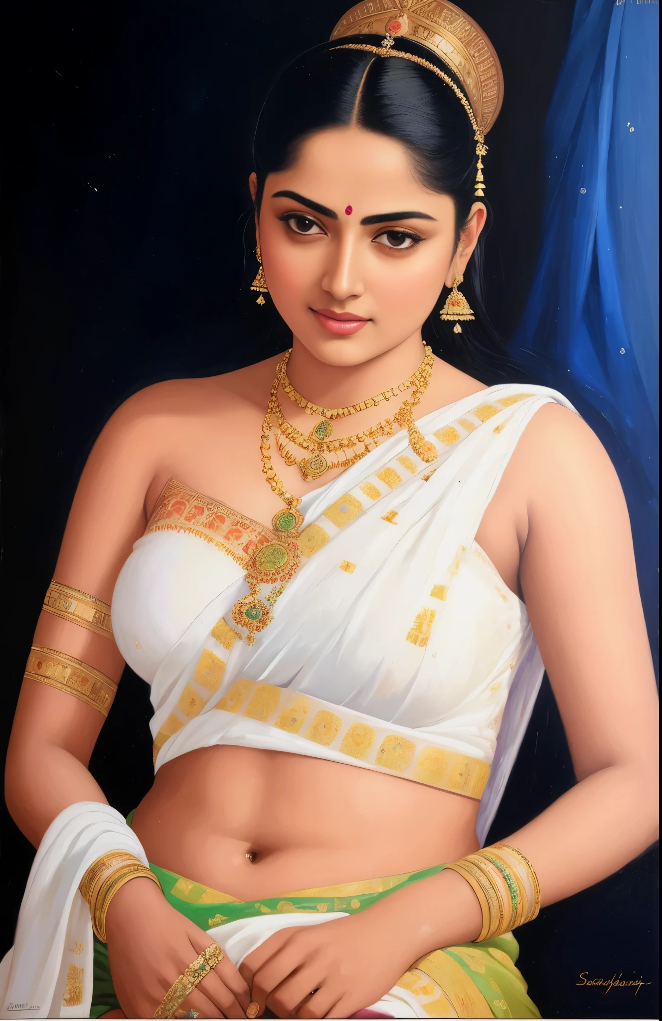 Bathing woman, gorgeous, Masterpiece,8k uhd, hdr, realistic, hyper realistic, intricate, vibrant colour, painting of a woman in a sari sitting on a chair, traditional beauty, inspired by Raja Ravi Varma, indian art, by Raja Ravi Varma, painting of beautiful, inspired by T. K. Padmini, painting of a woman, soft lighting , by Sardar Sobha Singh, gorgeous woman, oil on canvas painting, traditional painting, oil-painting