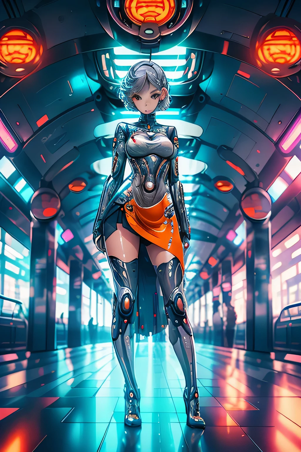 Anime girl, Realistic portrayal, Silver short hair with heterochromic brown and grey eyes, Ultra-large chest, Full body depiction in a cyberpunk, futuristic setting, Wearing an ultra-cute miniskirt revealing intricate lines of a technologically advanced body, Drenched in sweat, Clad in orange clothes, reflecting the vibrant hues of a futuristic city during the day.
Standing inside a meticulously designed train station, with a clean, detailed face, her slender waist and nice hips contrasting against the intricate textures of her futuristic attire. The depth of field adds to the stunning graphic quality, creating an