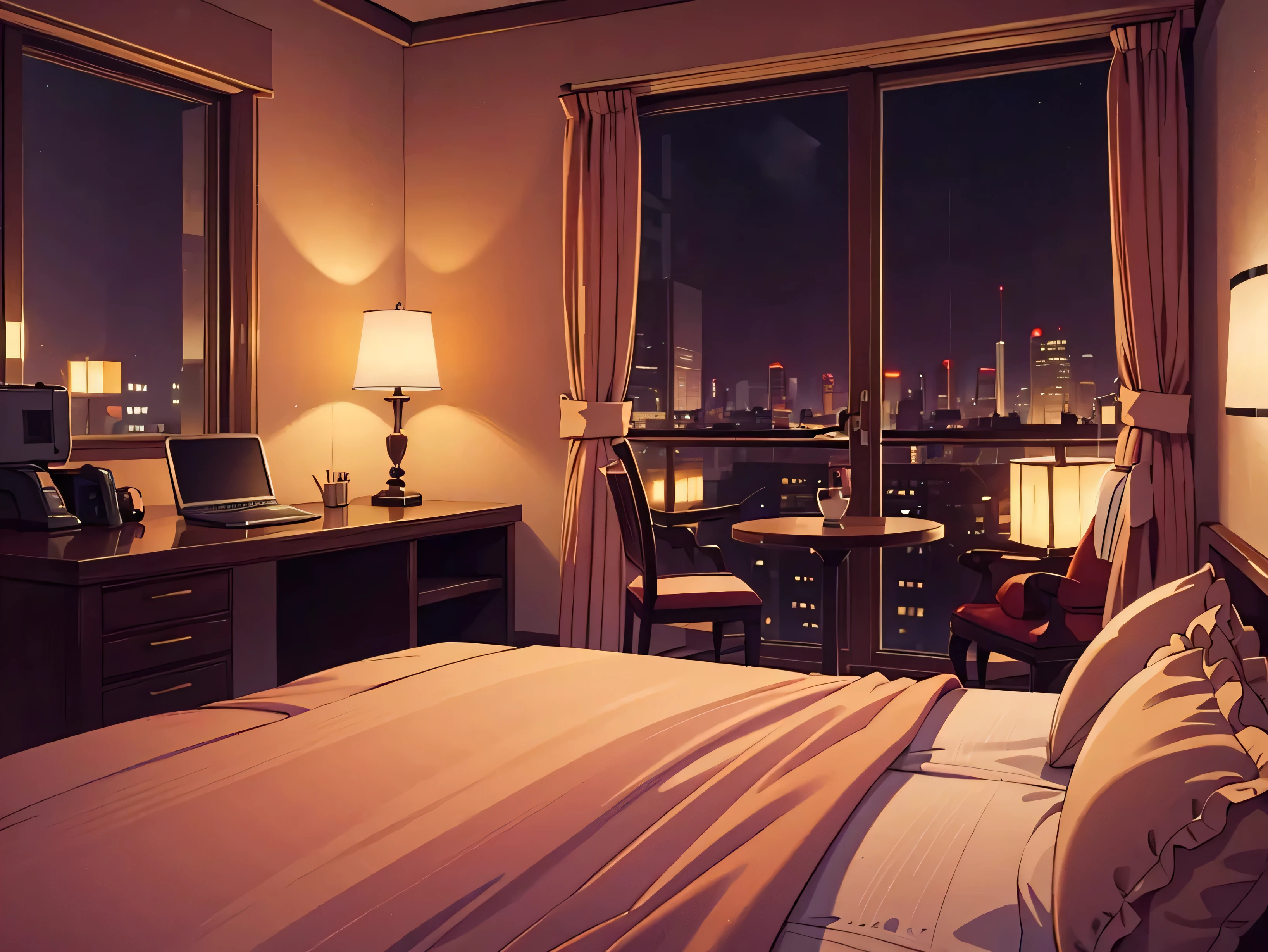 masterpiece, best quality, 40 k, photorealistic, cinematic light, hotel room, window, (plant in a pot:0.5), (cityscape in the background:0.6), night