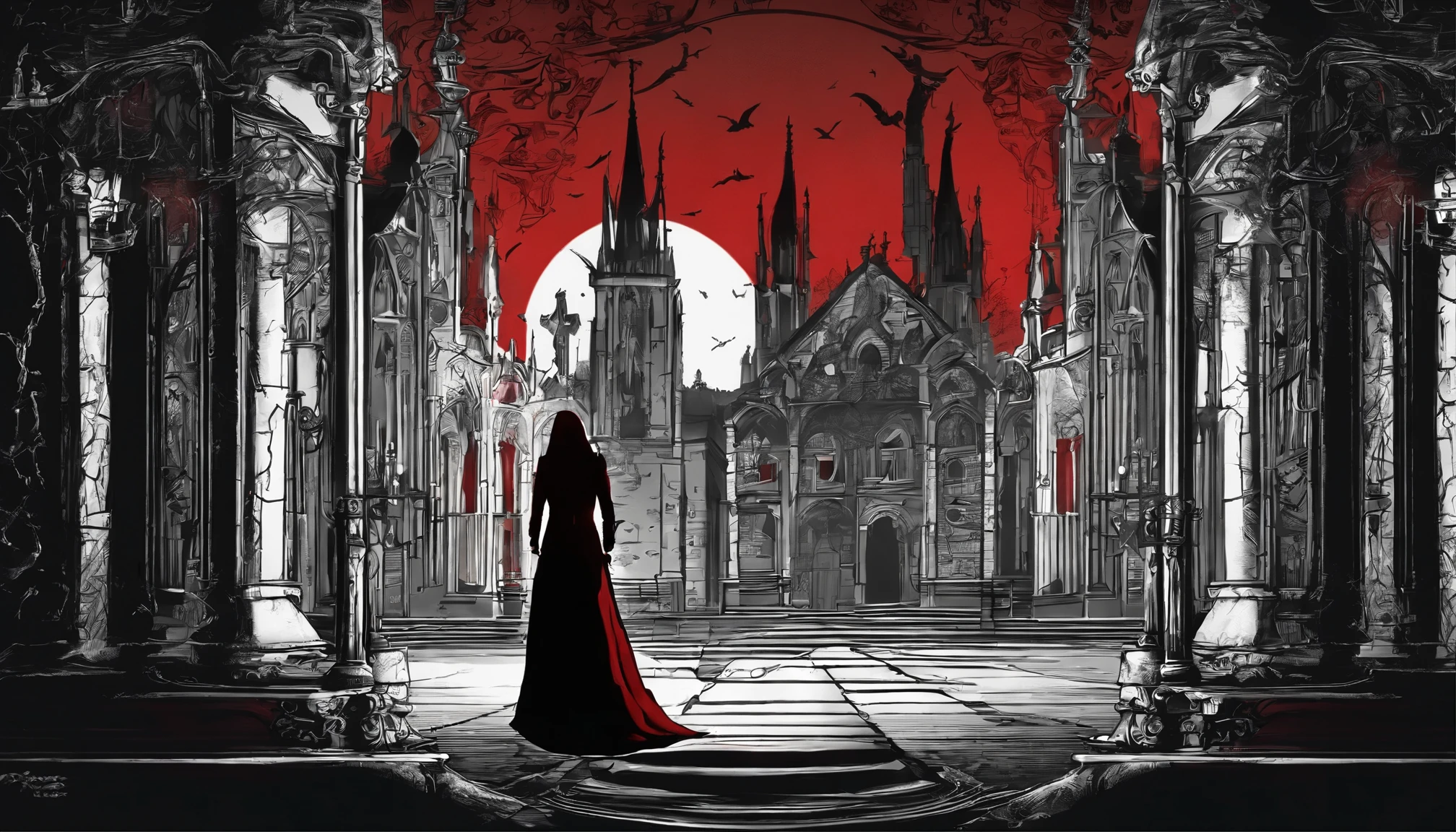 arafed image of a woman in a long dress walking in a courtyard at night, behind her a gothic cathedral, dark fantasy atmosphere, dark fantasy style art, medieval dark fantasy, dark fantasy setting, gothic fantasy art, dark castle setting, dark fantasy illustration, dark fantasy background, dark fantasy artwork, an ominous fantasy illustration, dark castle background, red moon, red light