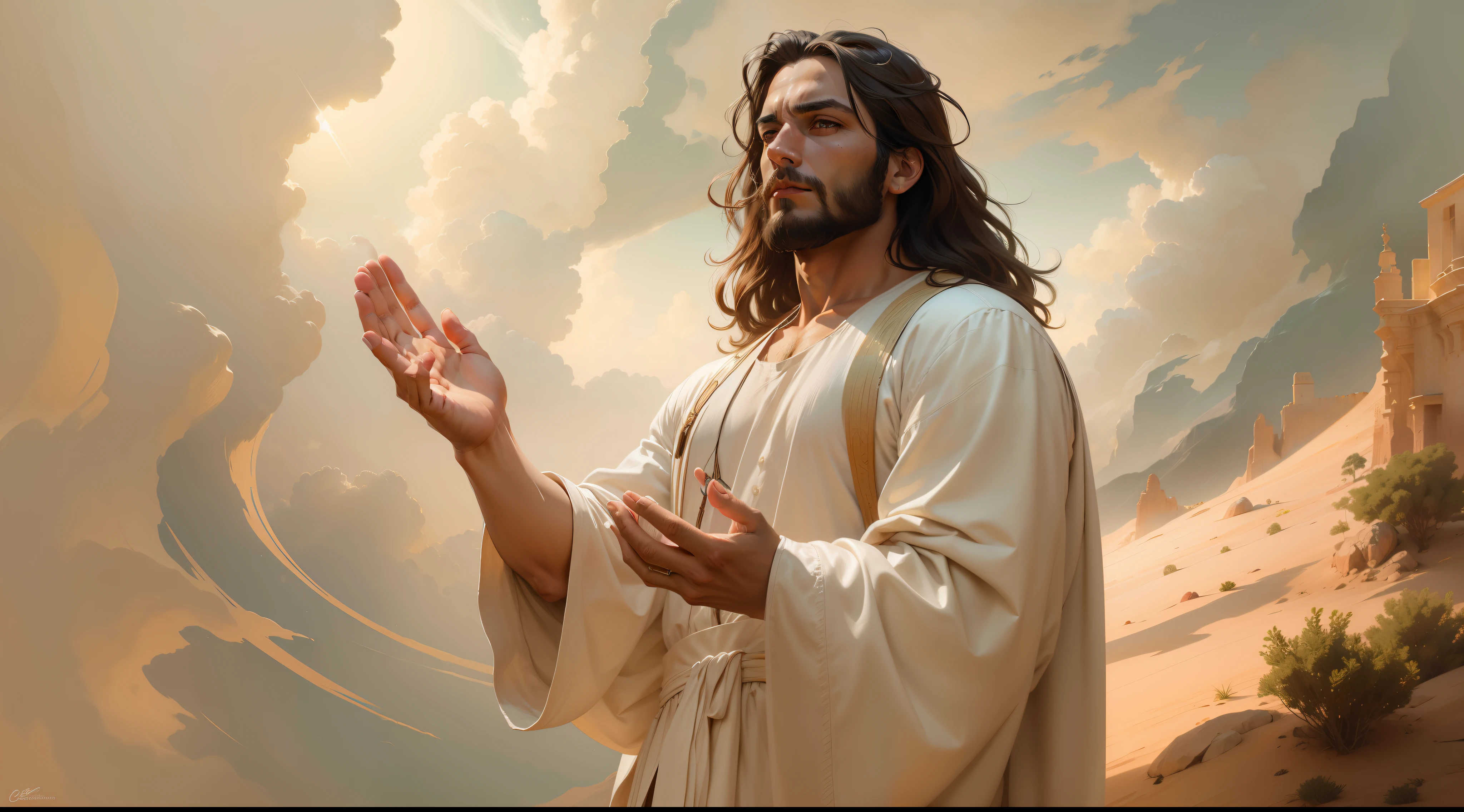 Um lindo retrato realista ultrafino de Jesus , o profeta, um homem 33 anos Hebreu, longos cabelos castanho, longa barba castonho, wearing white tunic, em vista frontal, corpo inteiro, biblical, realista,no deserto detalhes intrincados, por Abbott Fuller Graves, Bartolomeu Esteban Murillo, Jc Leyendecker, Craig Mullins, Pedro Paulo Rubens, (Caravaggio), trends in artstation, 8K, arte conceitual, fotorrealista, Realista, illustration, oil painting, surrealismo, hiper-realista, escovas de escova, ARTE DIGITAL, estilo, Aquarela, a close-up of God&#39;s mighty hand, God&#39;s hand, perfect and high quality hand, HANDS TOGETHER PRAYING, Cenário biblical, velas, God's Biblical Scenario, a God&#39;s hand