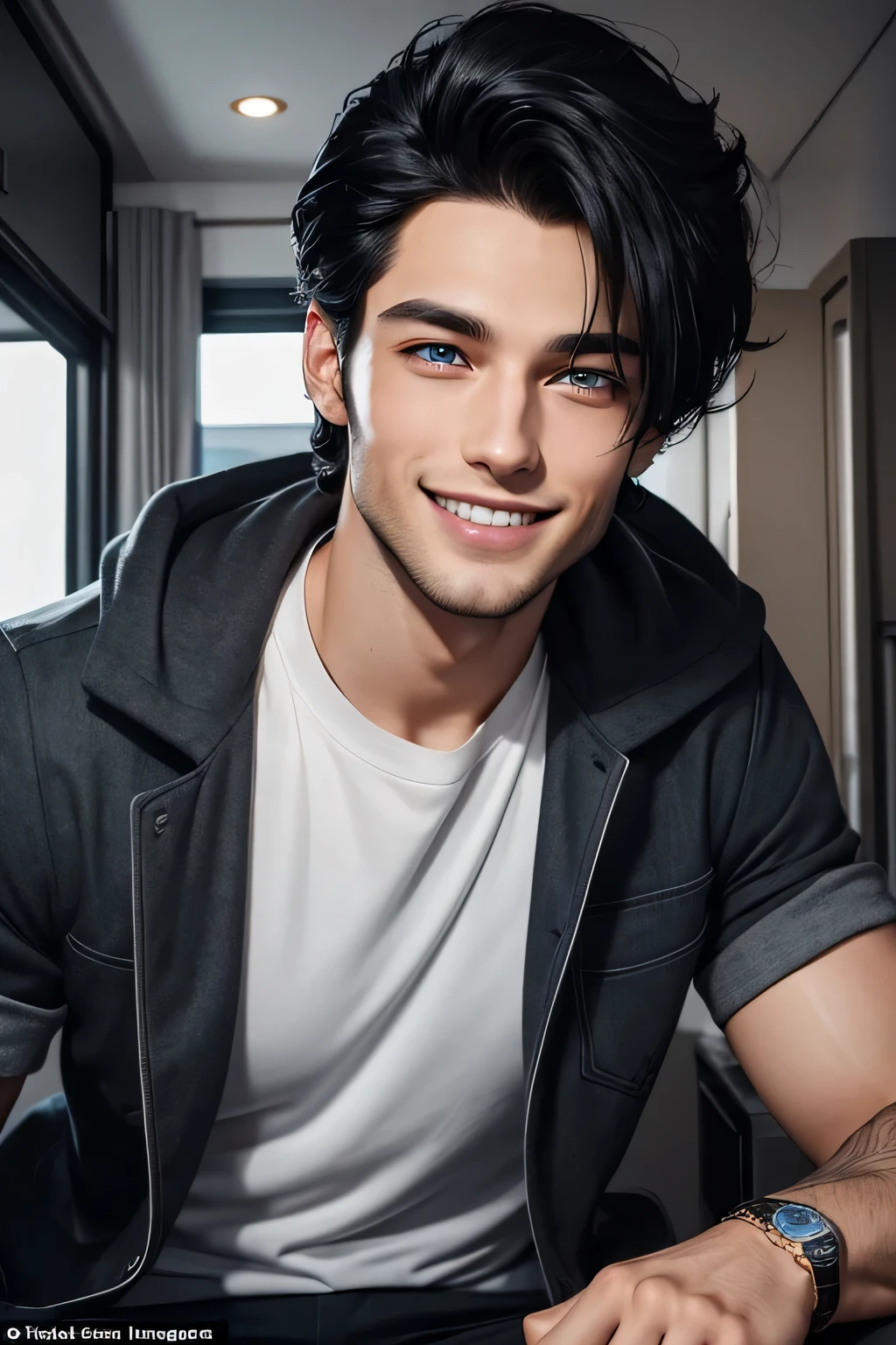 A handsome 27-year-old man has jet-black hair neatly styled, piercing grey-blue eyes, a chiselled jawline, and a confident smile revealing his perfect teeth