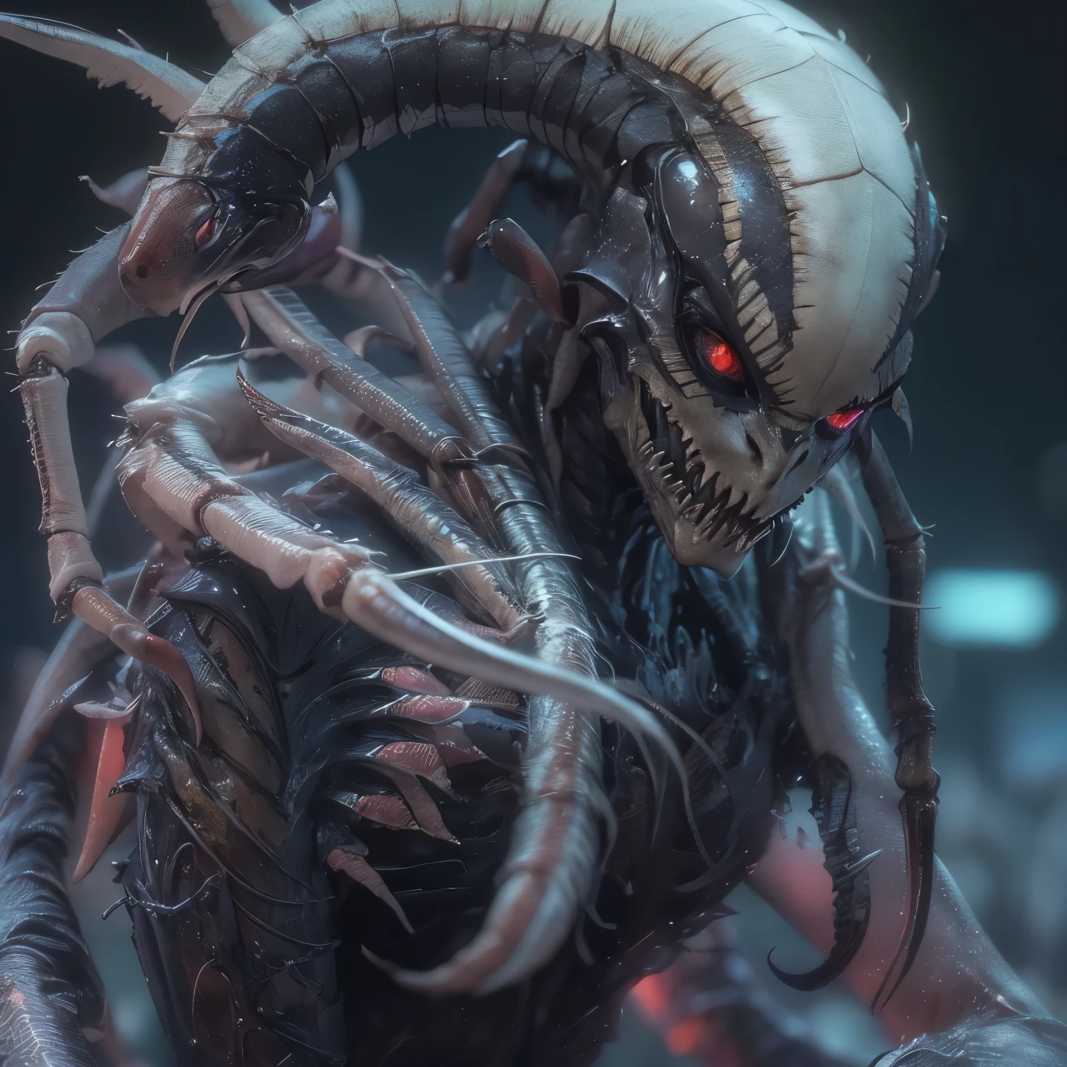 ((Best quality, high-res, ultra-detailed, photorealistic: 1.37)), hybrid human-scorpion female detailed scorpion tail, (beautiful detailed eyes and face of a girl), venomous stingers, powerful humanoid body, menacing presence, dark atmosphere, horror, vivid color scheme, dramatic lighting, humanoid body, beautiful tits, beautiful nipples, (her skin is pale white:1.3), (Her eyes are all black and no pupils:1.5), The queen of Scorpion, Creatures from another dimension, bioluminescence, seductive smile, Her eyes are shining and burning, biological weapon, iridescent reinforced exoskeleton