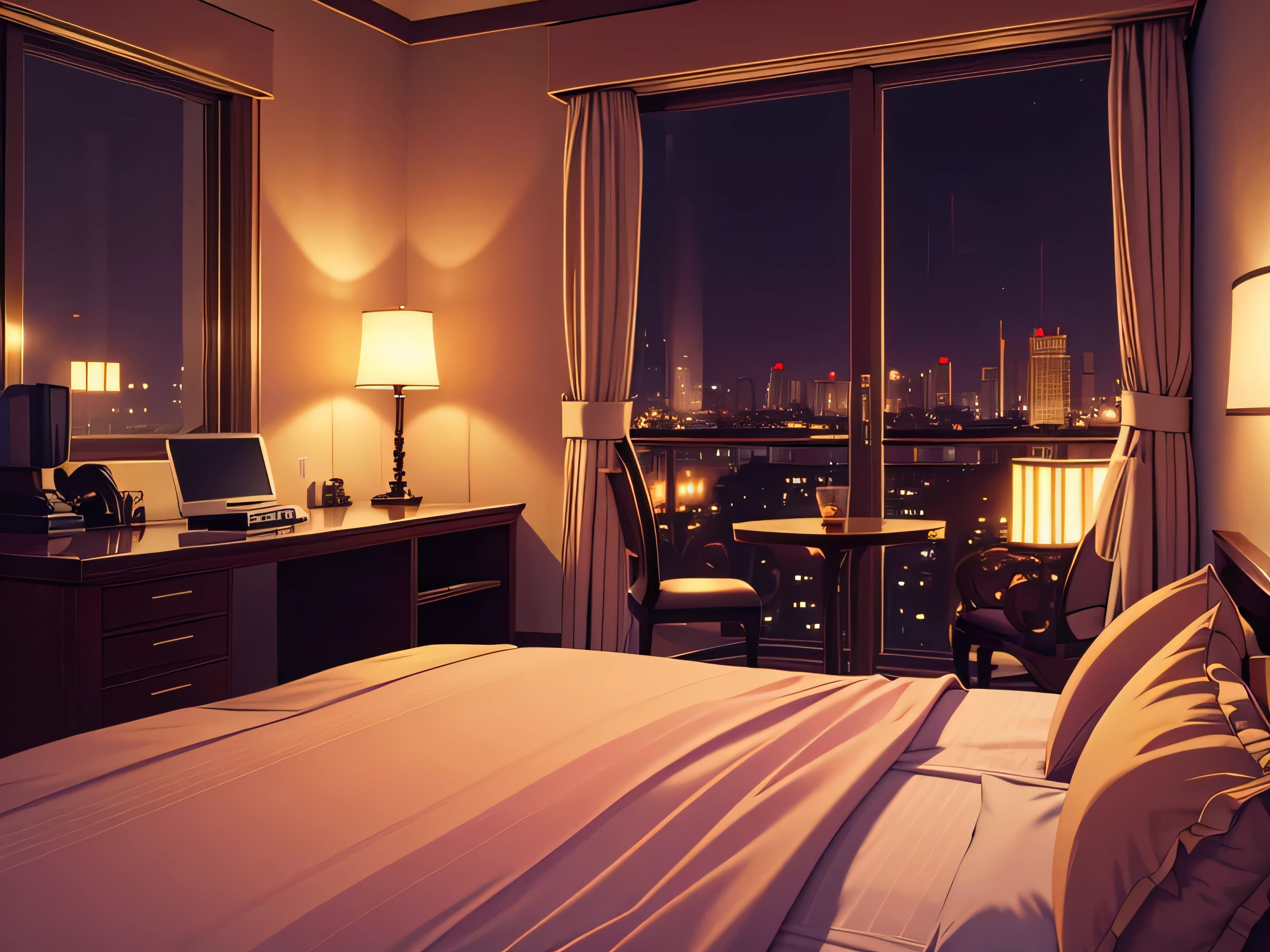masterpiece, best quality, 40 k, photorealistic, cinematic light, hotel room, window, (plant in a pot:0.5), (cityscape in the background:0.6), night