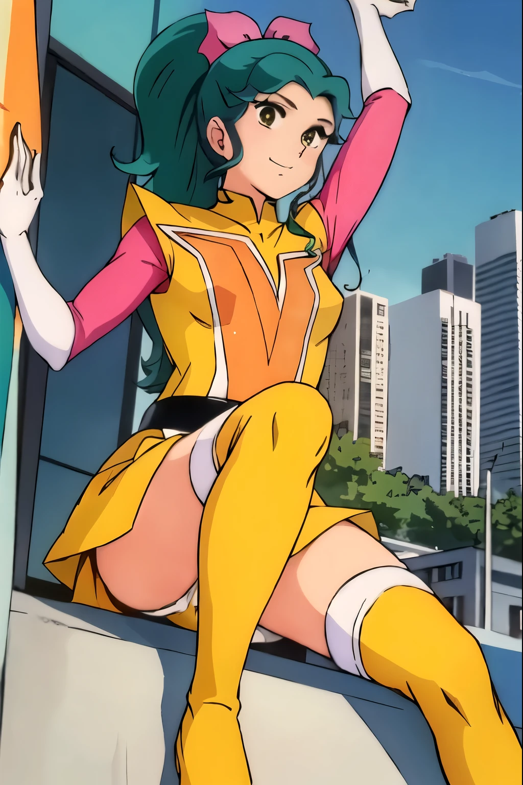 masterpiece, highest quality, (white panties:1.3),。city, 1 girl,alone,
Megumi,yellow boots, pink sleeves,green hair,