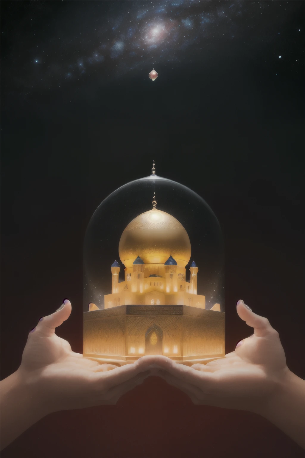 A 3D miniature mosque and a beautiful woman wearing a hijab facing the camera with both hands forming a double exposure heart, a miniature in the shape of a large box with a dome made of yellow topaz with accents from a Middle Eastern. Realistic 3D digital photography work, at the bottom of the transparent red ruby miniature there is the writing MARHABAN YA RAMADHAN in Bradly style clear gold writing, with a background of the universe.