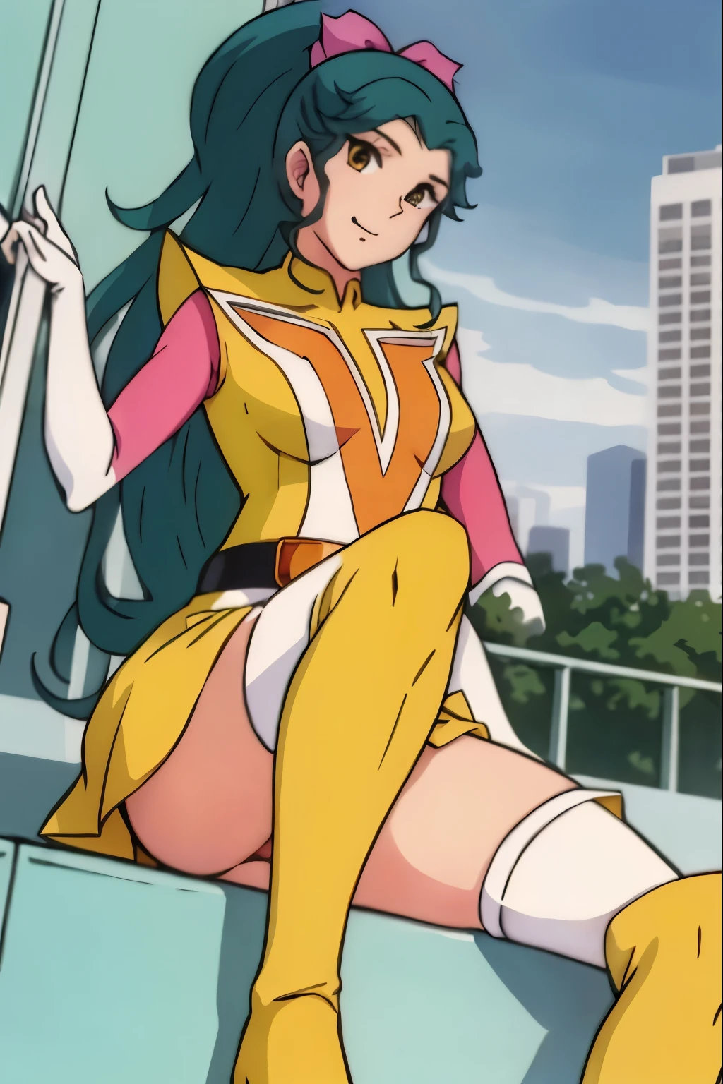 masterpiece, highest quality, (white panties:1.3),。city, 1 girl,alone,
Megumi,yellow boots, pink sleeves,green hair,