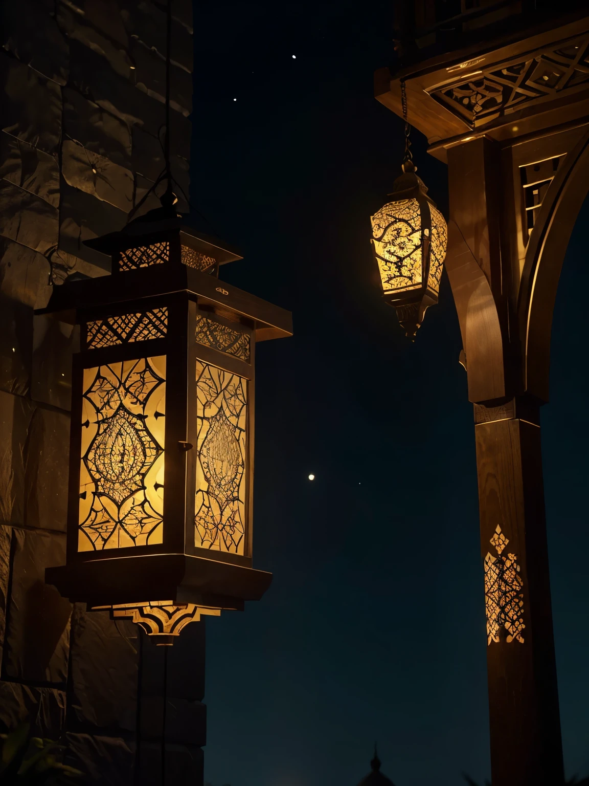 "Generate a captivating theme featuring lantern glowing lights on an Islamic wallpaper, creating a mesmerizing Ramadan background. Envision a scene where radiant lanterns cast a warm and inviting glow, complementing an elegant Islamic pattern in the background. Request a wallpaper that captures the spirit of Ramadan, with the luminous beauty of lanterns providing a focal point. Utilize a color palette that harmonizes with the cultural significance of Ramadan, evoking a sense of tranquility and spirituality. Aim for a theme that is visually stunning, culturally resonant, and suitable for various applications, symbolizing the illuminated beauty of Ramadan through the presence of glowing lantern lights on an intricate Islamic wallpaper."