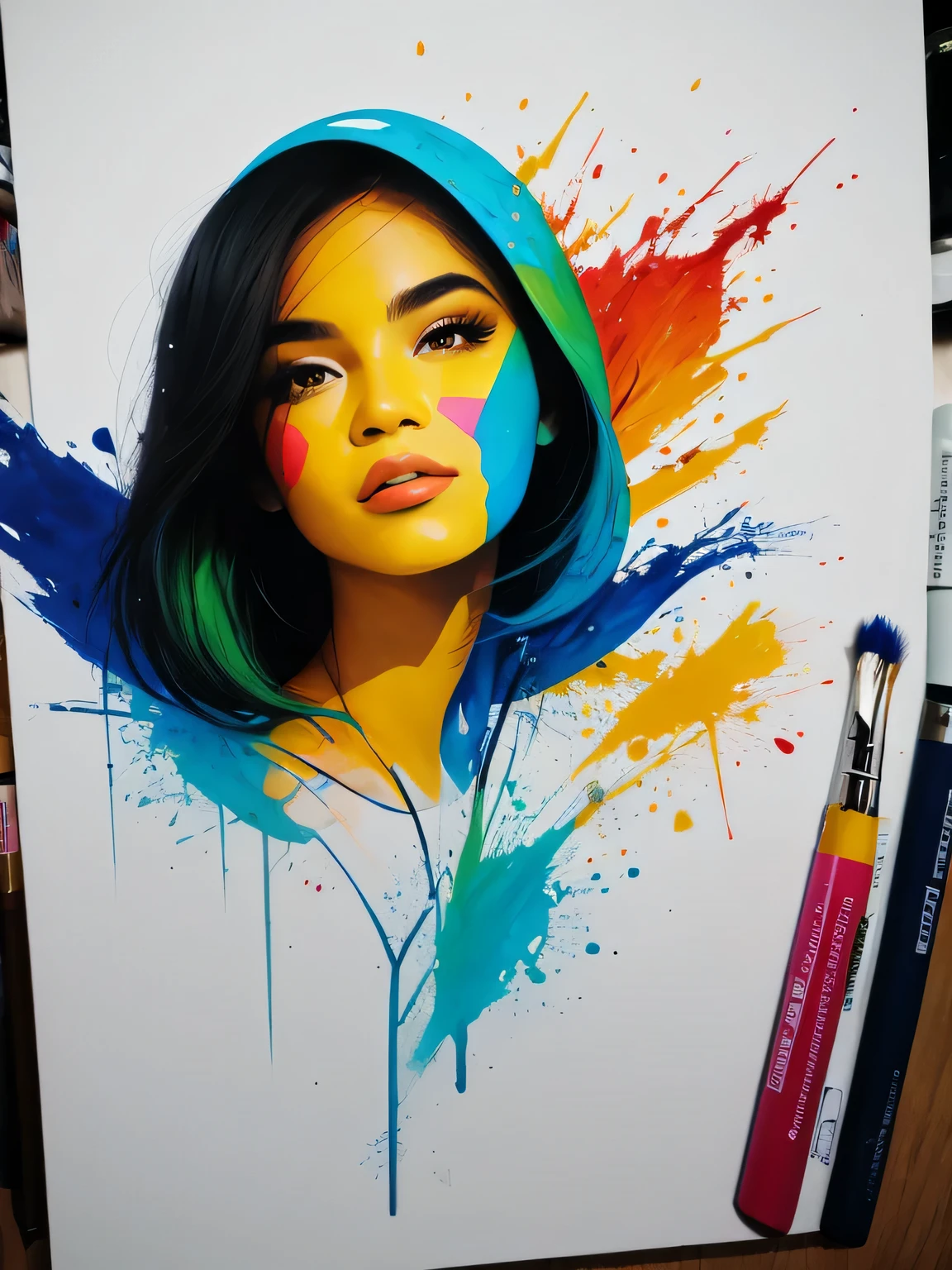 uma pintura de uma mulher segurando um guarda-chuva vermelho, in dynamic and fluid brushstroke style, tela texturizada, graceful balance, laranja escuro e branco, rodopiante, I can't believe how beautiful this is, energetic street artist --ar 73:105 --Estilizar 750 --v 6