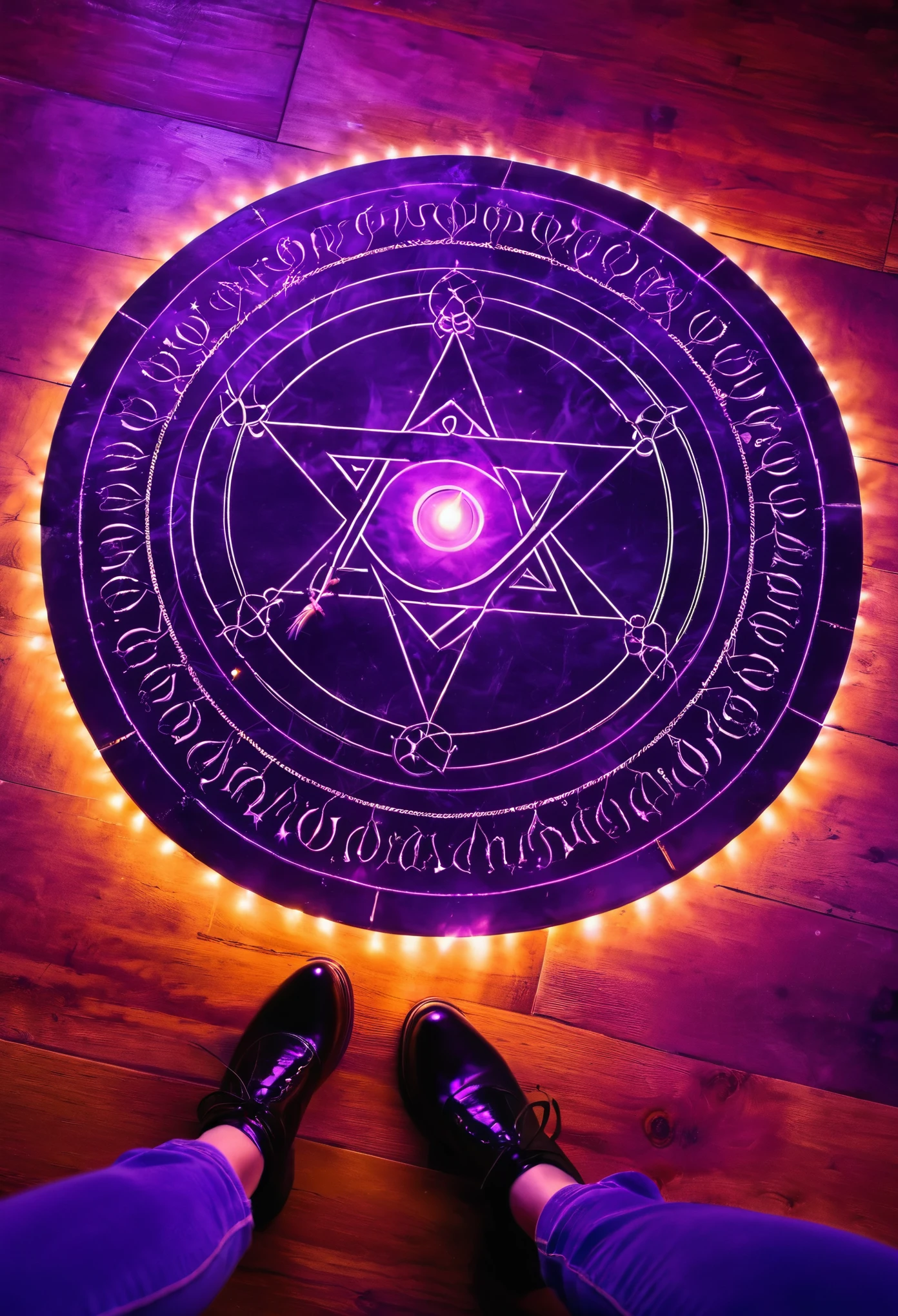 Magic circle, on desk, spell books, glowing, floating magic circle, purple, witchcraft, fantasy, anime, high detail, perspective, (low angle view, POV:1.7), Gothic art, reflection light, ray tracing, glowing light, sparkle, cinematic lighting, UHD, retina, masterpiece, ccurate, anatomically correct, super detail, high details, high quality, award winning, best quality, highres, 8k