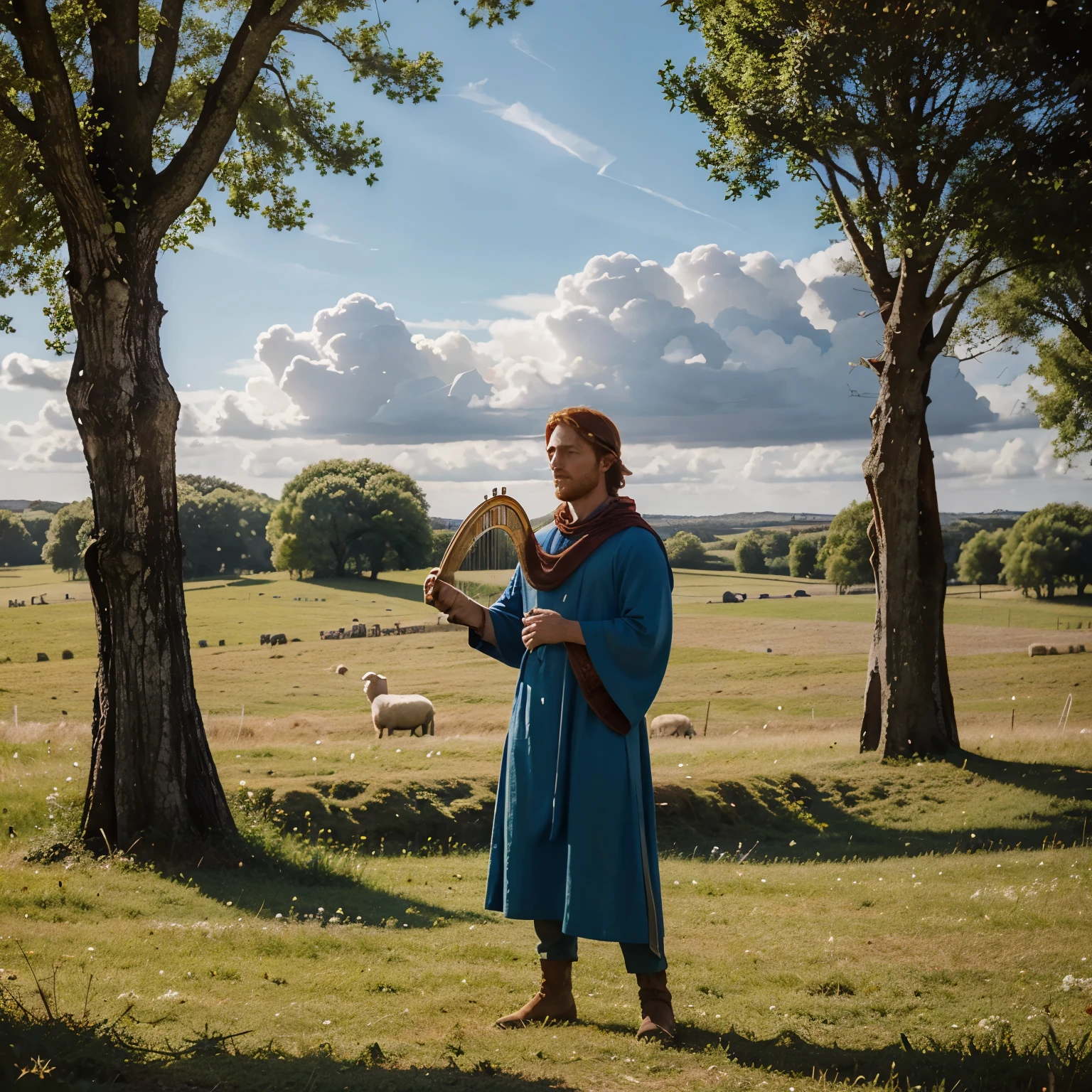 David, a shepherd, he is red-haired, his dress is a blue tunic, he is in a pasture with white sheep, David plays a harp, looking towards the sky in which there is a light towards his face, the day is sunny.
