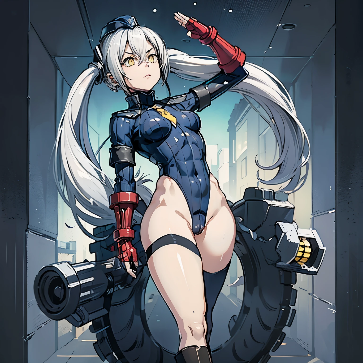 ultra-detailed, Explicit, Beautiful body, Beautiful Nose, Beautiful character design, perfect eyes, perfect face, ultra highres, 4K, beautiful legs, perfect legs, Nice hands, Perfect hand, Masterpiece, Best Quality, Highly detailed, illustration, absurdres, perfect anatomy, street fighter, doll suit, shadaloo doll, dollsuit, expressionless, blank eyes, looking at viewer, red gloves, emotionless, black latex, corrution, mind control, female combatant, full body, hypnotized, unhappy trance, full body suit, ribbed bodysuit, both arms at side, obey, perfect female body, extremely glossy latex, hypnosis, hypnoLora, empty eyes, Mind control device, poses, submissive_pose, Slave, standing straight, standing, standing at attention, hat, necktie, belt, latex, ribbed bodysuit, thighhighs, garter belt, Fighting Stance, extending the right arm from the shoulder into the air with a straightened hand, military, thigh boots, black pantyhose, (((pixel-perfect, detail-perfect))), solo, 1girl, hair ornaments, long hair, white hair, twintails, hair ribbon, yellow eyes, Destroyer, Girls' Frontline, small breast, salute, saluting, military saluting 