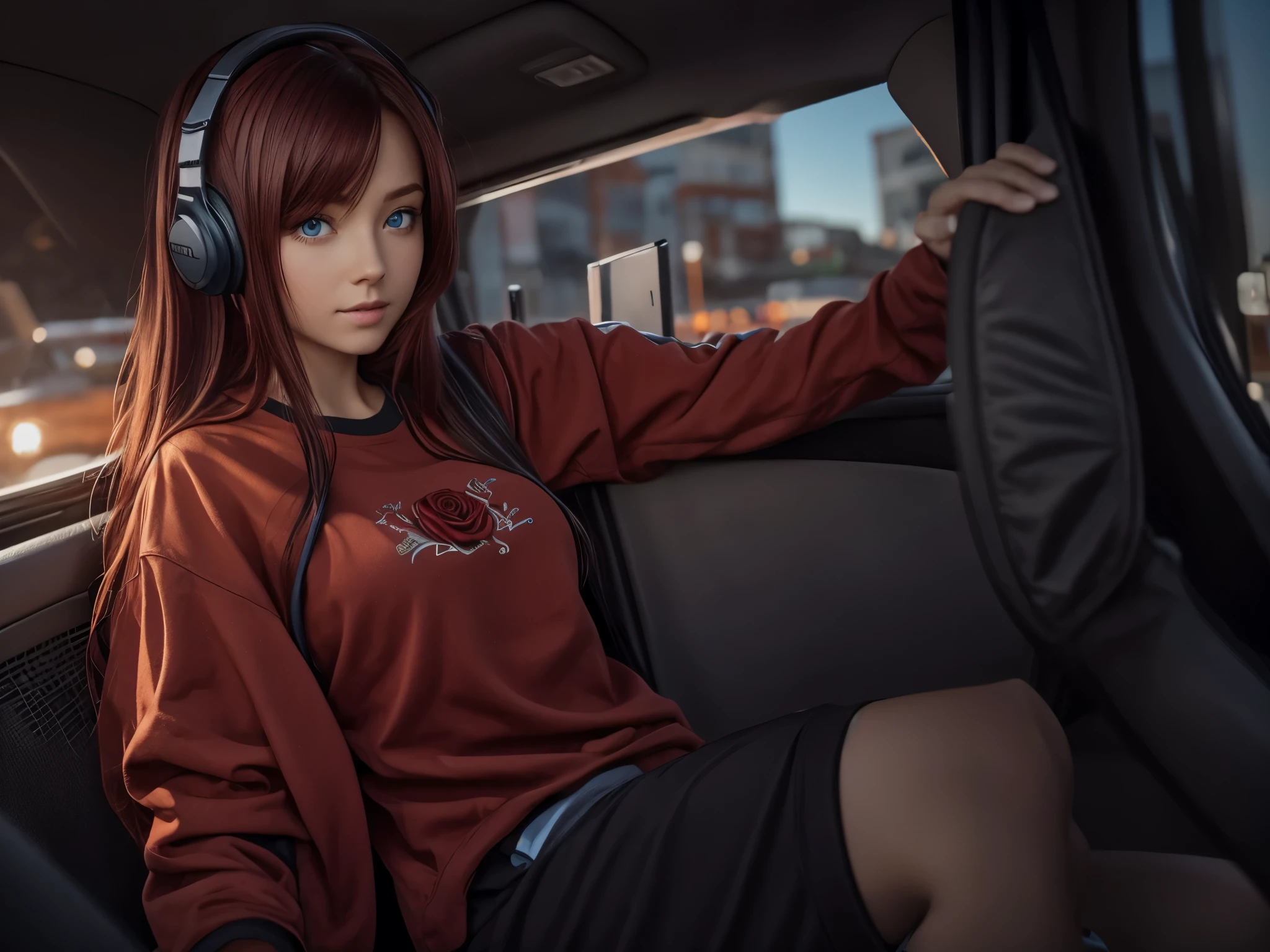 girl, dark red hair, blue eyes, looking at the camera, wearing headphones, wearing a black sweatshirt with a drawing of a rose, black sweatpants, at sunset