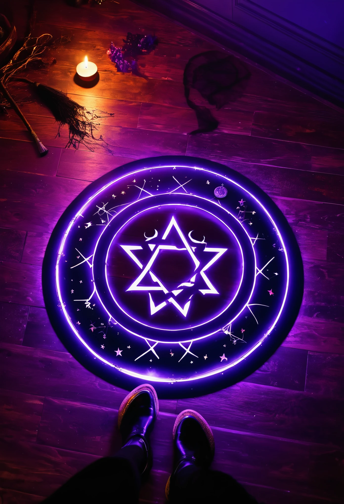 Magic circle, on desk, spell books, glowing, floating magic circle, purple, witchcraft, fantasy, anime, high detail, perspective, (low angle view, POV:1.7), Gothic art, reflection light, ray tracing, glowing light, sparkle, cinematic lighting, UHD, retina, masterpiece, ccurate, anatomically correct, super detail, high details, high quality, award winning, best quality, highres, 8k