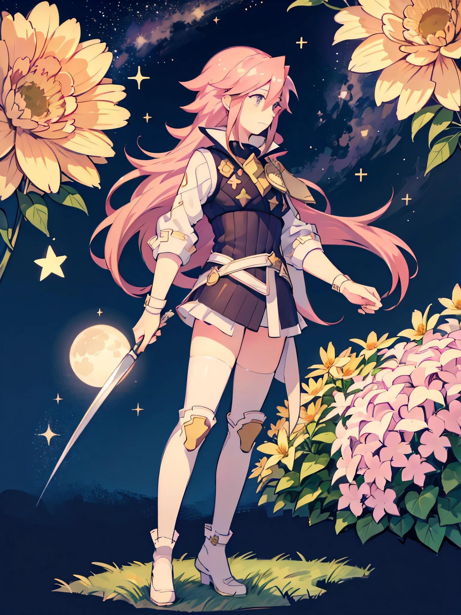 (Soleil de Fire Emblem en una llanura de flores.) (Elegant and white expression.) (cuerpo completo) (Alta calidad) (A pattern of moon and stars in the background) (mirando al horizonte)