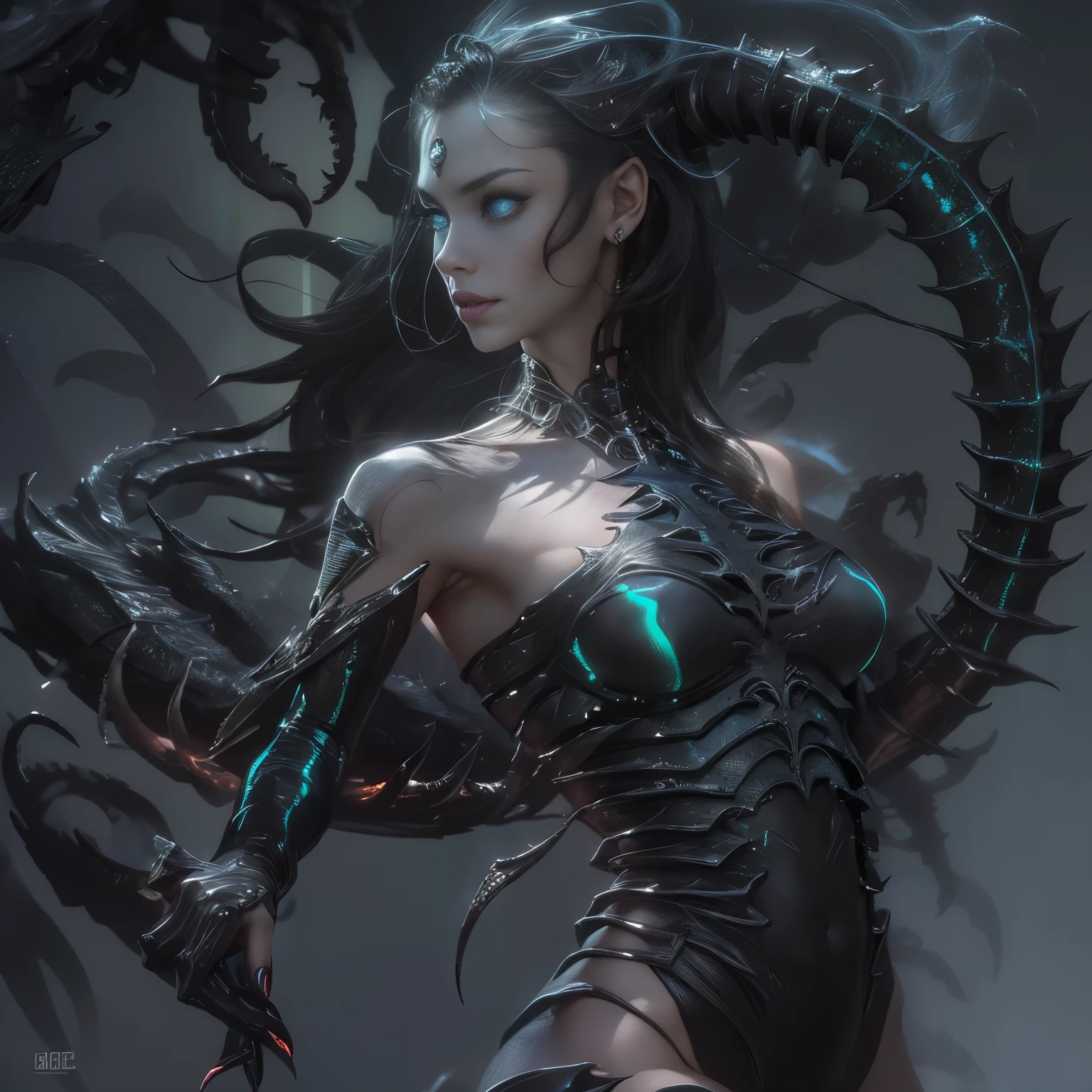 ((Best quality, high-res, ultra-detailed, photorealistic: 1.37)), hybrid human-scorpion female detailed scorpion tail, (beautiful detailed eyes and face of a girl), venomous stingers, powerful humanoid body, menacing presence, dark atmosphere, horror, vivid color scheme, dramatic lighting, humanoid body, beautiful tits, beautiful nipples, (her skin is pale white:1.3), (Her eyes are all black and no pupils:1.5), The queen of Scorpion, Creatures from another dimension, bioluminescence, seductive smile, Her eyes are shining and burning, biological weapon, iridescent reinforced exoskeleton