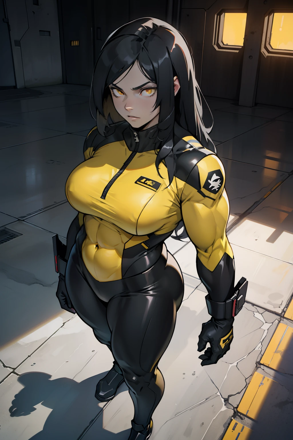 1 girl, black hair, yellow eyes, very long hair, pale skin, ((((extremely muscular)))), large , curvy, concrete, shadow, dark atmosphere, (pilot suit)