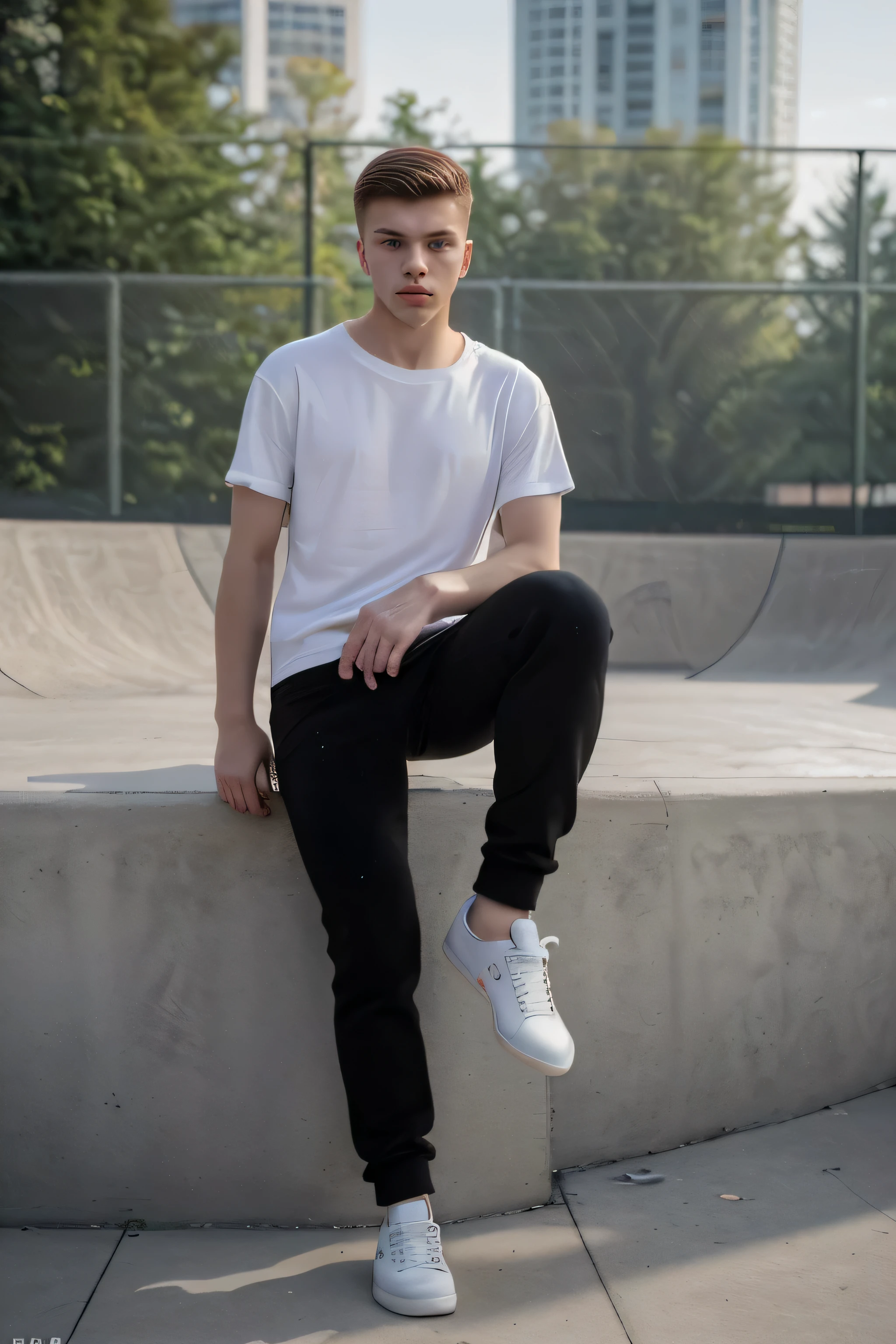 The composition should be perfect, with a smooth, front view, young rusian male model 21th years old, sharp focus and oversized blank t-shirt texture, black pants with low slip on sneakers shoes, The photograph should be in RAW format and capture the realism in 35mm HD resolution (8k), using only natural light, urban skate park bokeh background