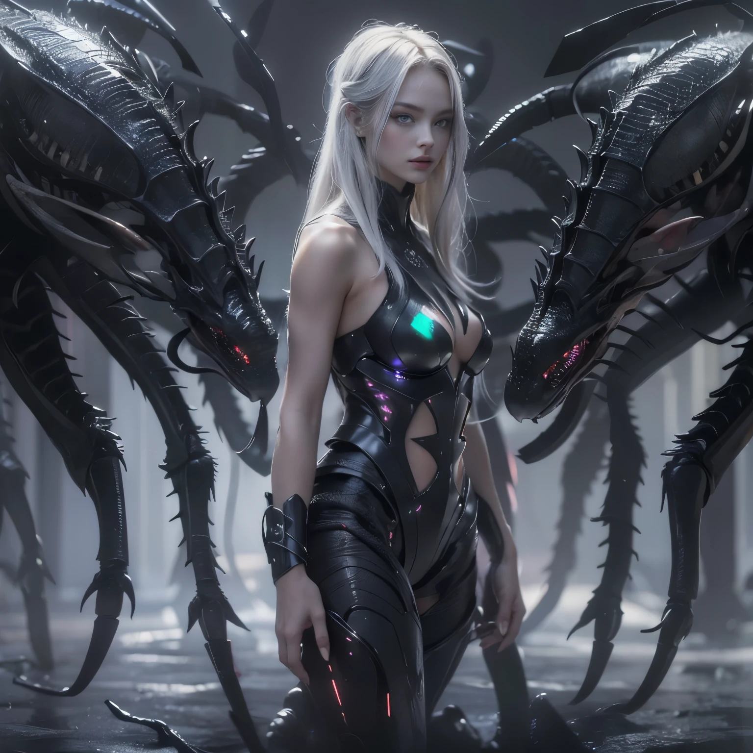 ((Best quality, high-res, ultra-detailed, photorealistic: 1.37)), hybrid human-scorpion female detailed scorpion tail, (beautiful detailed eyes and face of a girl), venomous stingers, powerful humanoid body, menacing presence, dark atmosphere, horror, vivid color scheme, dramatic lighting, humanoid body, beautiful tits, beautiful nipples, (her skin is pale white:1.3), (Her eyes are all black and no pupils:1.5), The queen of Scorpion, Creatures from another dimension, bioluminescence, seductive smile, Her eyes are shining and burning, biological weapon, iridescent reinforced exoskeleton