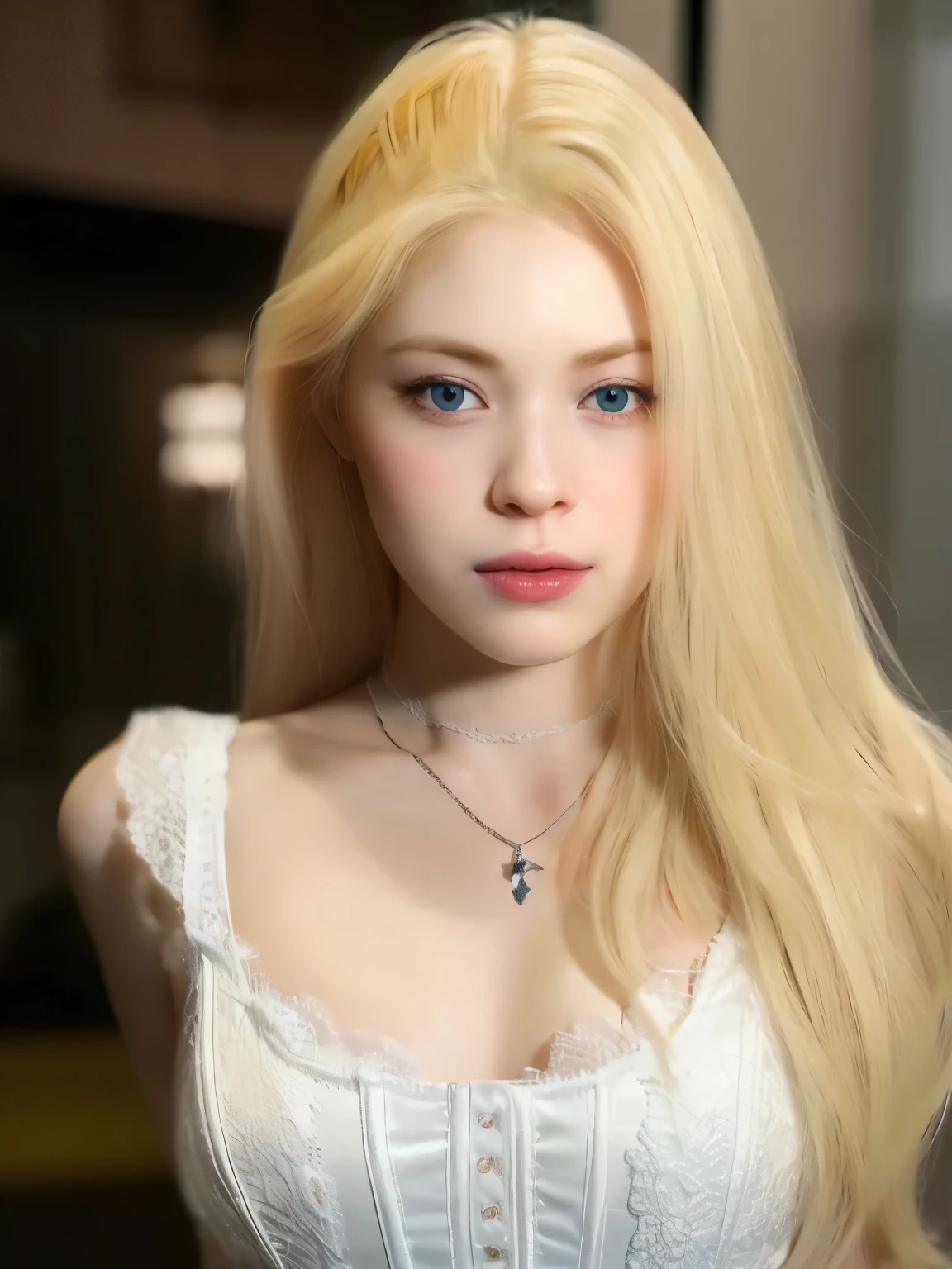 um close up de uma mulher com cabelos loiros usando um vestido branco, pale porcelain white skin, cabelo loiro muito claro, cabelo loiro extremamente claro, albino white skin pale, fair and pale skin!!, longos cabelos loiros e olhos grandes, skin pale as ivory, porcelain pale skin, very pale white skin, longos cabelos loiros e olhos grandes, very very pale white skin, seios grandes, roupa decotada, mulher com 20 anos.