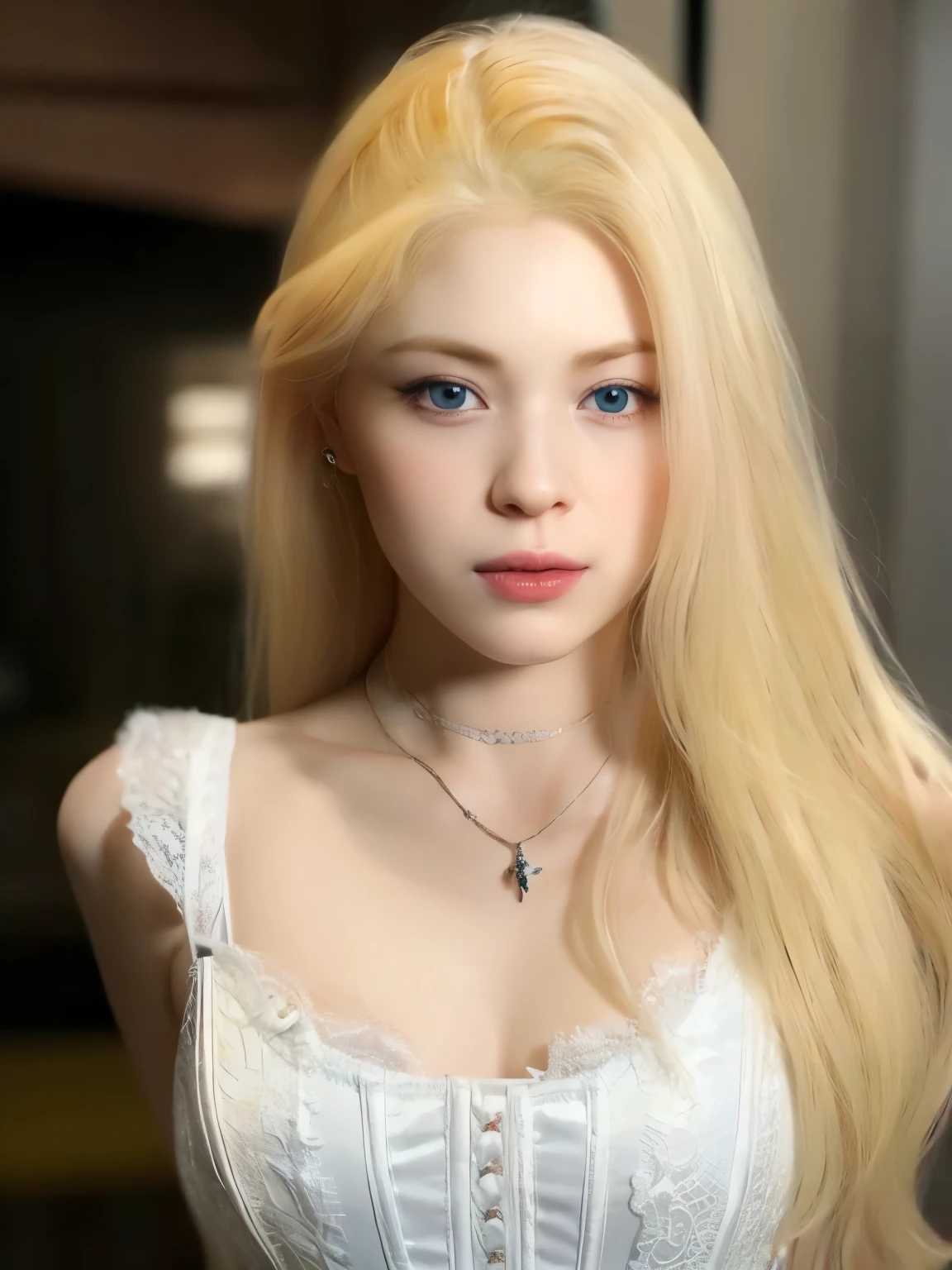 um close up de uma mulher com cabelos loiros usando um vestido branco, pale porcelain white skin, cabelo loiro muito claro, cabelo loiro extremamente claro, albino white skin pale, fair and pale skin!!, longos cabelos loiros e olhos grandes, skin pale as ivory, porcelain pale skin, very pale white skin, longos cabelos loiros e olhos grandes, very very pale white skin, seios grandes, roupa decotada, mulher com 20 anos.