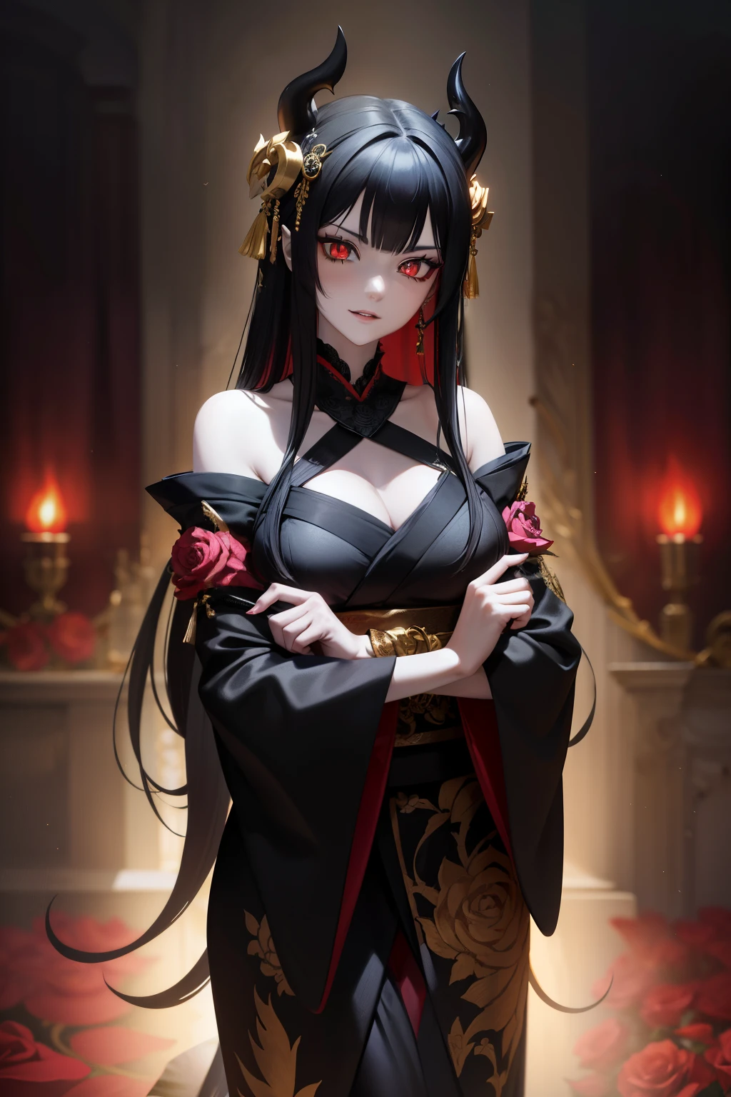 In the eerie underworld, a 23-year-old demon girl with crimson eyes and jet-black, flowing locks stands out. Her unsettling smile, adorned with thorns, adds to her creepy allure. In 4k resolution, this chilling figure is exquisitely detailed, with every curve and texture brought to life.

The demon dons a red kimono, intricately designed with black rose motives, whispering tales of darkness and beauty. The kimono's flowing sleeves, delicately edged with gold threads, contrast starkly against her menacing demeanor.

Clutched in her arms, she cr