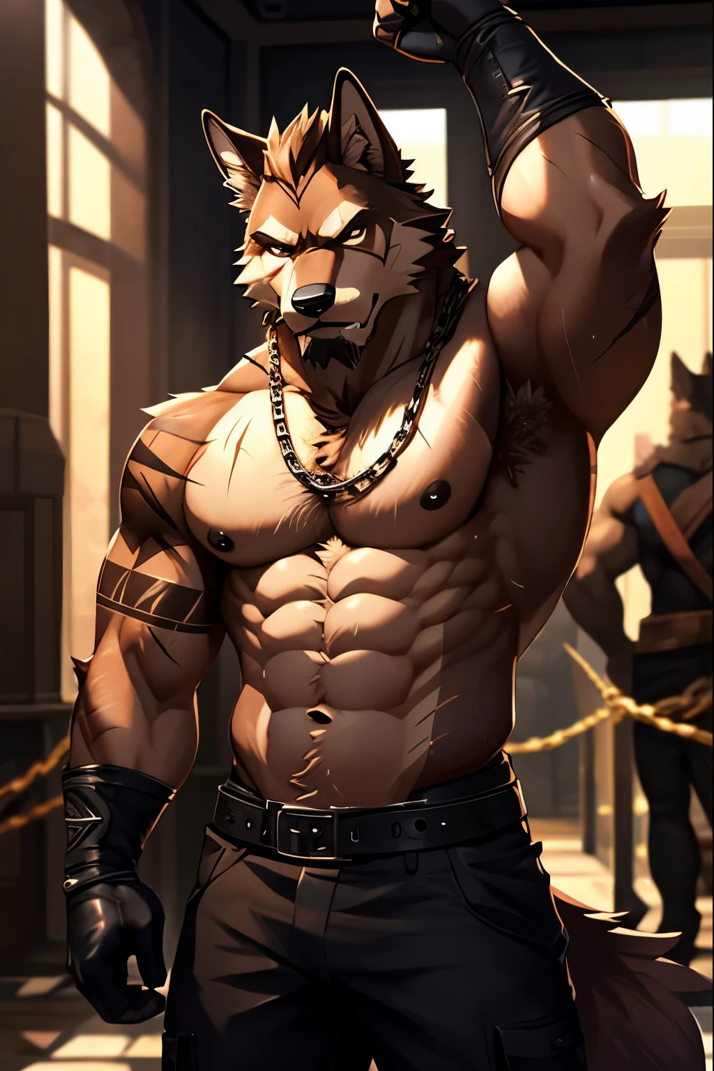Masterpieces, furry, male, Anthropomorphic, brown wolf, veiny, athletic body, beefy body, Delicate eyes, goatee, glistening body, criminal thug, DILF, depth of field, perfect lighting, (best quality),(masterpiece),(ultra detailed), sharp focus, detailed background, shirtless, black nipples, fierce look, scars, black gloves, large chain necklace, hairy furry armpits, raise an arm pose, tattoo, glossy oiled up skin, sweating, wet