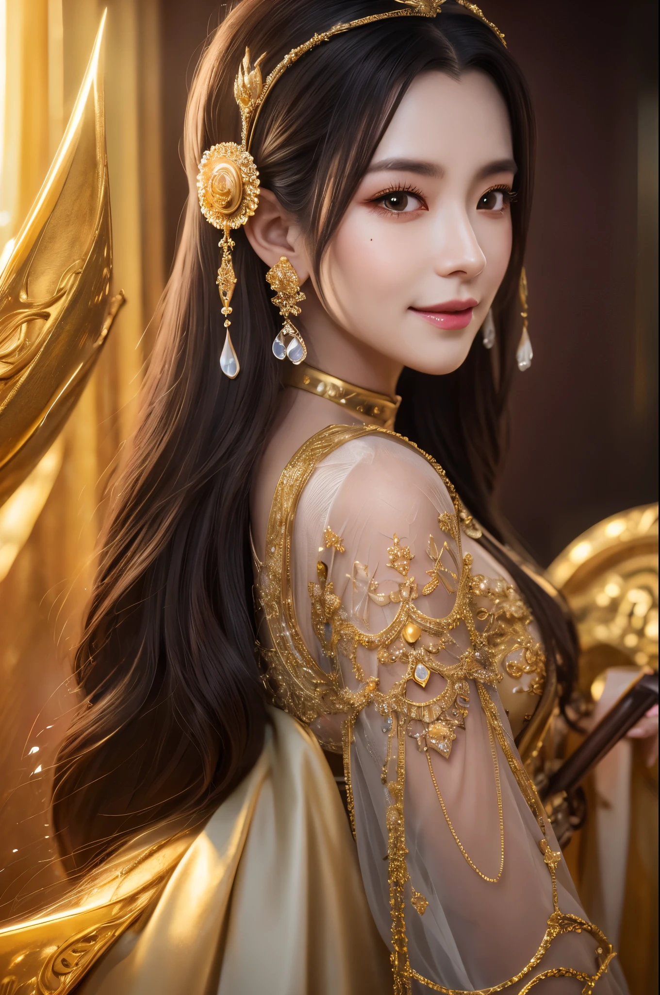 8k,gray long hair,Close-up of a woman in black and gold costume holding a pole, beautiful fantasy empress, ((beautiful fantasy empress)), goddess. very high detail, extremely detailed model | art germ, trending on cgstation, Chengwei Pan at Art Station, gorgeous.beautiful, luxurious white and gold cloak,超A high resolution,super realistic skin,beautiful expression,fantasy art,Detail of a hand holding a precise pole,laughter(like the real thing),masterpiece,Photorealistic RAW photos of the highest quality。bright colors,rich colors, Backlight, cinematic lighting, film grain, to be born, 50mm lens, Nikon D850,detailed character art,fantasy art,ultra high resolution,super realistic skin,perfect hand shape,