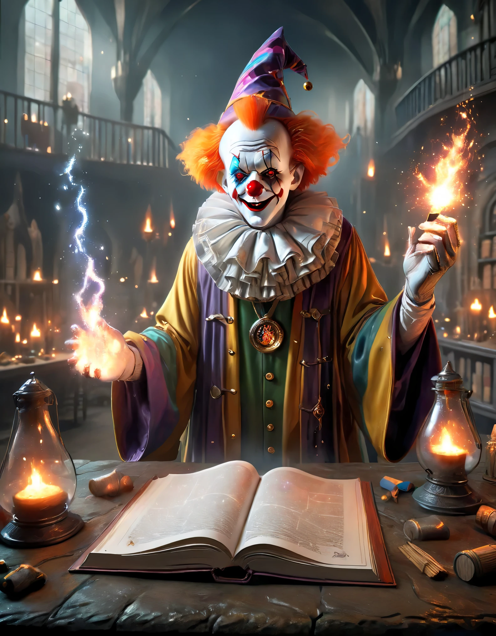 (Melhor qualidade, 8K, high resolution, Obra-prima: 1.2), Ultra detalhado, (Realista, Fotorrealista, Fotorrealista: 1.37), (A clown dressed at Hogwarts School of Witchcraft and Wizardry, The eyes are full of strangeness and wickedness，In a magical ritual: 1.42), With his magic book and a crystal staff with mystical symbols. The scene is full of vivid colors. The clown's magic trick creates a captivating visual spectacle. Every detail of the magic is meticulously rendered. Textures and lighting effects highlight the pulsating energy. The images are true works of art, have very high resolution. Every detail has been taken care of with the utmost care, Possui uma atmosfera impressionante cheia de magia, Cercado por uma aura misteriosa, (anatomicamente correta, pele texturizada, UHD, obra-prima, precisa, super detalhe, alta qualidade, melhor qualidade, high resolution , 8k), elemento fogo composto por elementos fogo