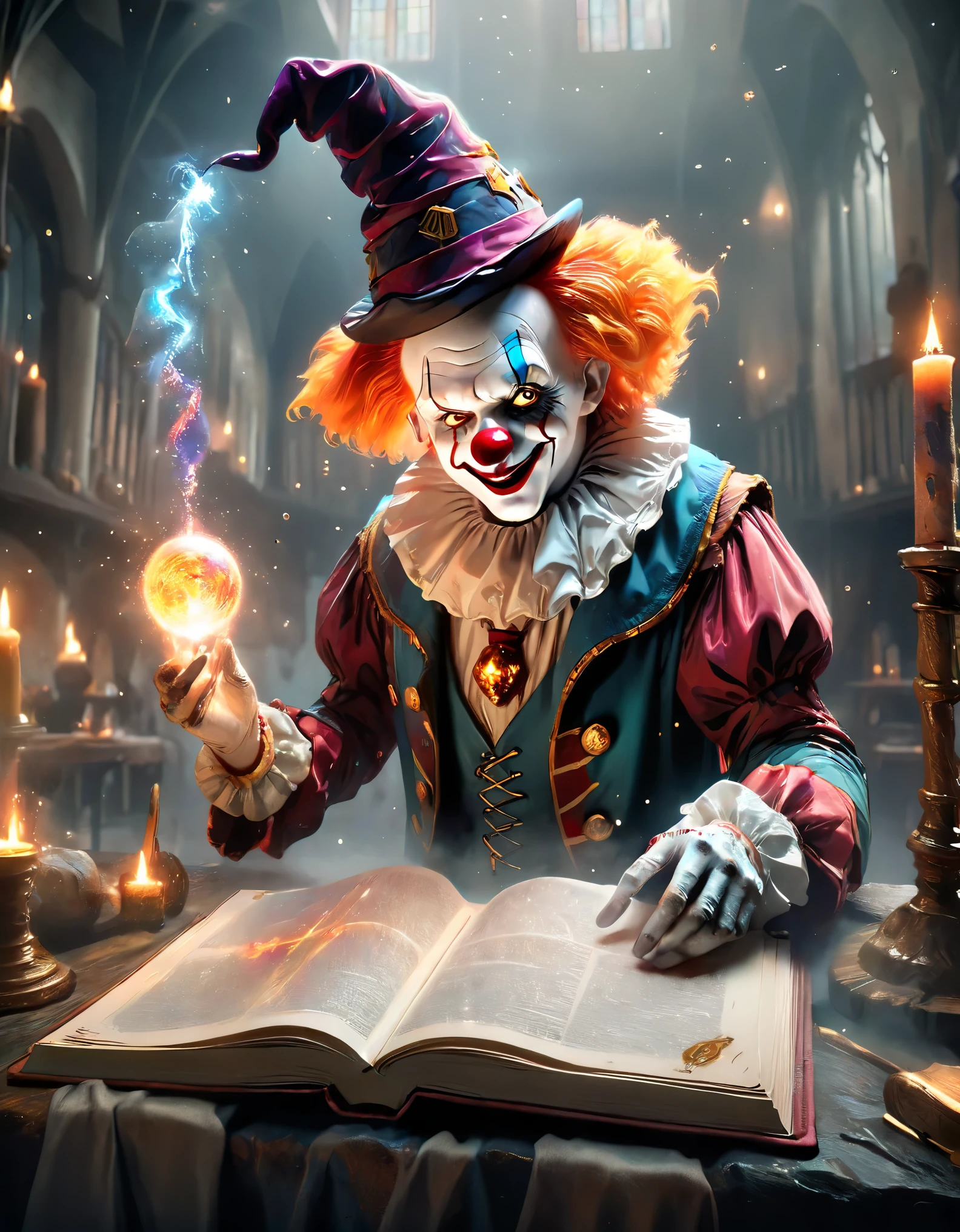 (Melhor qualidade, 8K, high resolution, Obra-prima: 1.2), Ultra detalhado, (Realista, Fotorrealista, Fotorrealista: 1.37), (A clown dressed at Hogwarts School of Witchcraft and Wizardry, The eyes are full of strangeness and wickedness，In a magical ritual: 1.42), With his magic book and a crystal staff with mystical symbols. The scene is full of vivid colors. The clown's magic trick creates a captivating visual spectacle. Every detail of the magic is meticulously rendered. Textures and lighting effects highlight the pulsating energy. The images are true works of art, have very high resolution. Every detail has been taken care of with the utmost care, Possui uma atmosfera impressionante cheia de magia, Cercado por uma aura misteriosa, (anatomicamente correta, pele texturizada, UHD, obra-prima, precisa, super detalhe, alta qualidade, melhor qualidade, high resolution , 8k), elemento fogo composto por elementos fogo