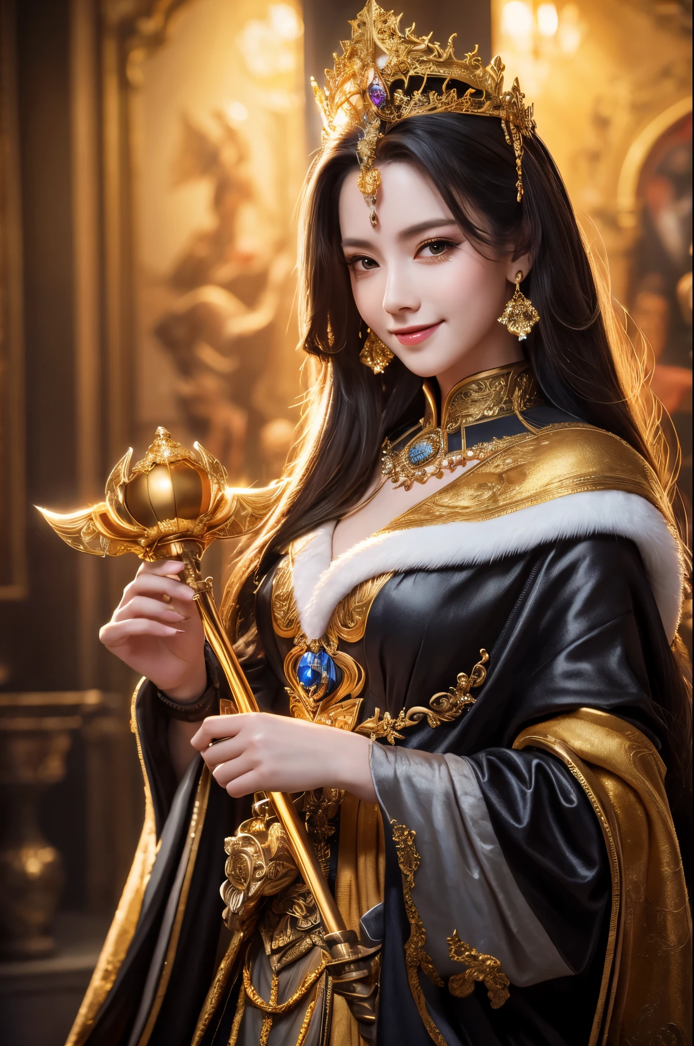 8k,gray long hair,Close-up of a woman in black and gold costume holding a pole, beautiful fantasy empress, ((beautiful fantasy empress)), goddess. very high detail, extremely detailed model | art germ, trending on cgstation, Chengwei Pan at Art Station, gorgeous.beautiful, luxurious white and gold cloak,超A high resolution,super realistic skin,beautiful expression,fantasy art,Detail of a hand holding a precise pole,laughter(like the real thing),masterpiece,Photorealistic RAW photos of the highest quality。bright colors,rich colors, Backlight, cinematic lighting, film grain, to be born, 50mm lens, Nikon D850,detailed character art,fantasy art,ultra high resolution,super realistic skin,perfect hand shape,