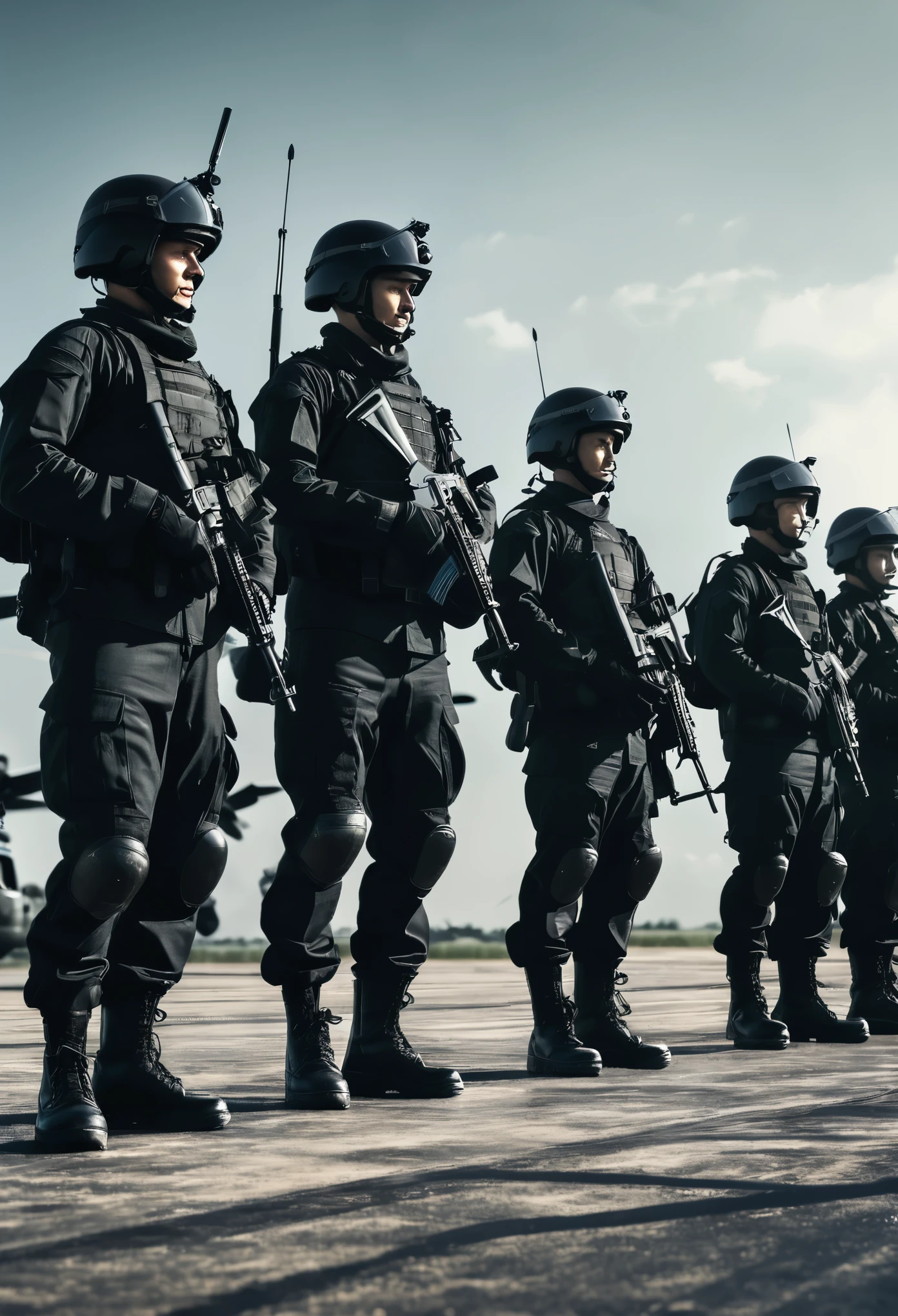 create a picture of soldiers lining up wearing black Kevlar military uniforms preparing to head to the battlefield, visible helicopters in the background, very detailed photography, splash effects, cinematic, dramatic, hyper fidelity