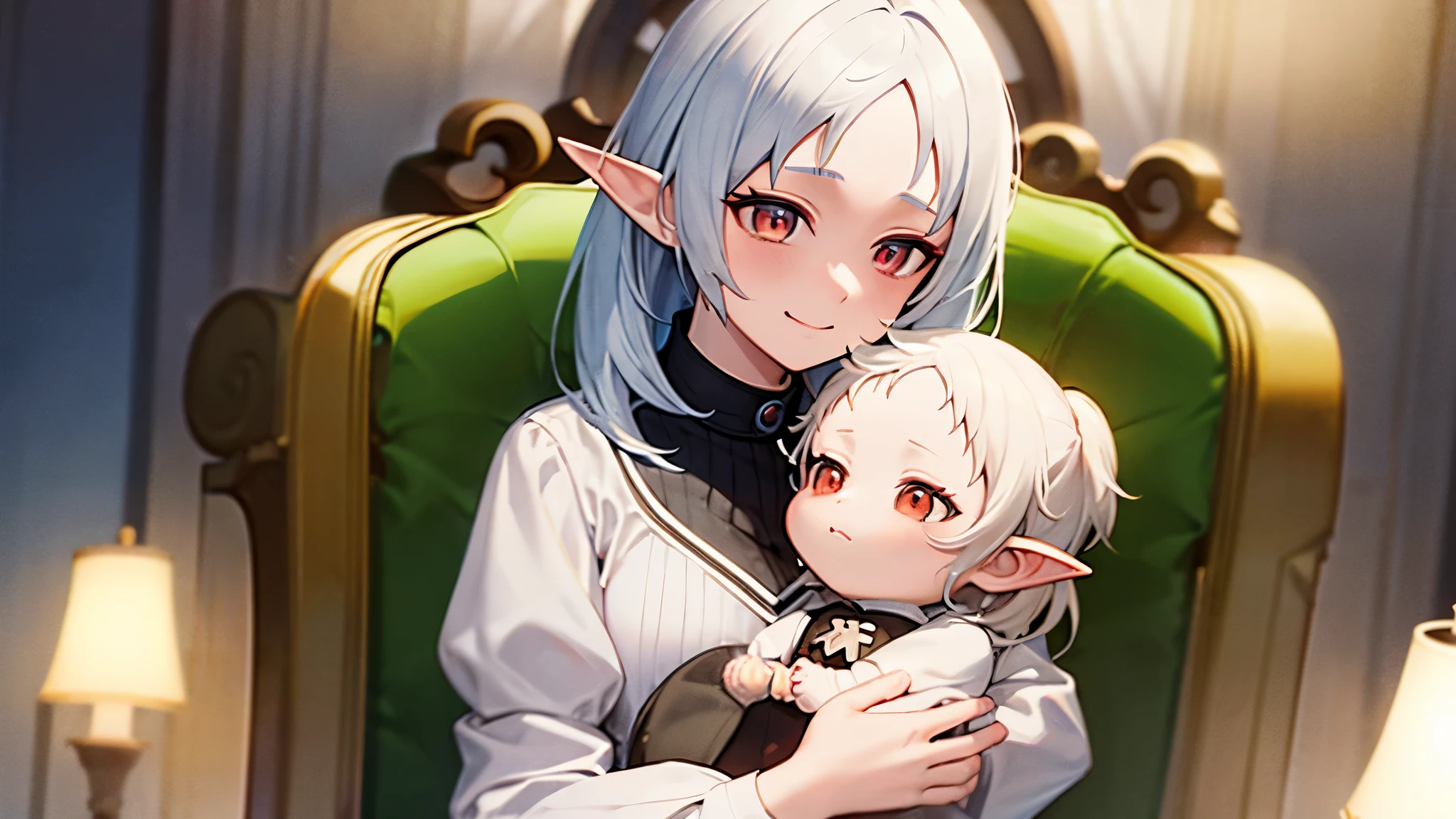 a cute character with a shy smile named Sylphie with elf-like ears and white short hair, the eyes are red colored with black pupils. The character is wearing a white long-sleeve shirt and a brown skirt, is sitted on a chair amidst a serene and beautifully illuminated room while she holds an elf baby with light brown hair, inside blankets on her arms. Mushoku Tensei. anime style masterpiece. Ultra HD. Super Details. Perfect Illumination.
