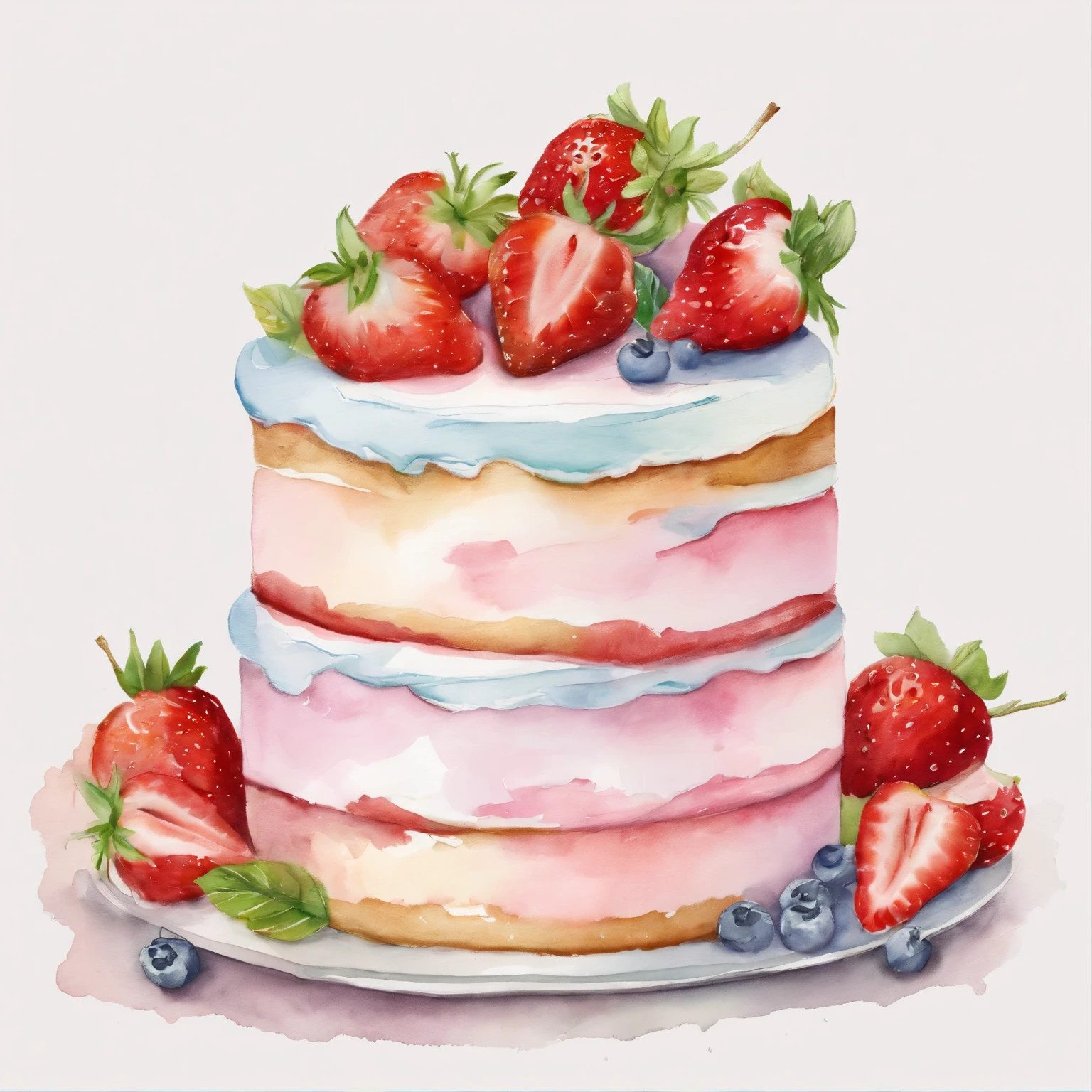 "(pastel colour:1.2)、(cute illustration:1.2)、(watercolor painting:1.2)、white background、tres leches cake with strawberry decoration on top sticker、tres leches cake, strawberries, decoration、pale pinkish green throughout、confections, sweet, sticker style, no background, rounded edge, sticker, individual sticker, watercolor"