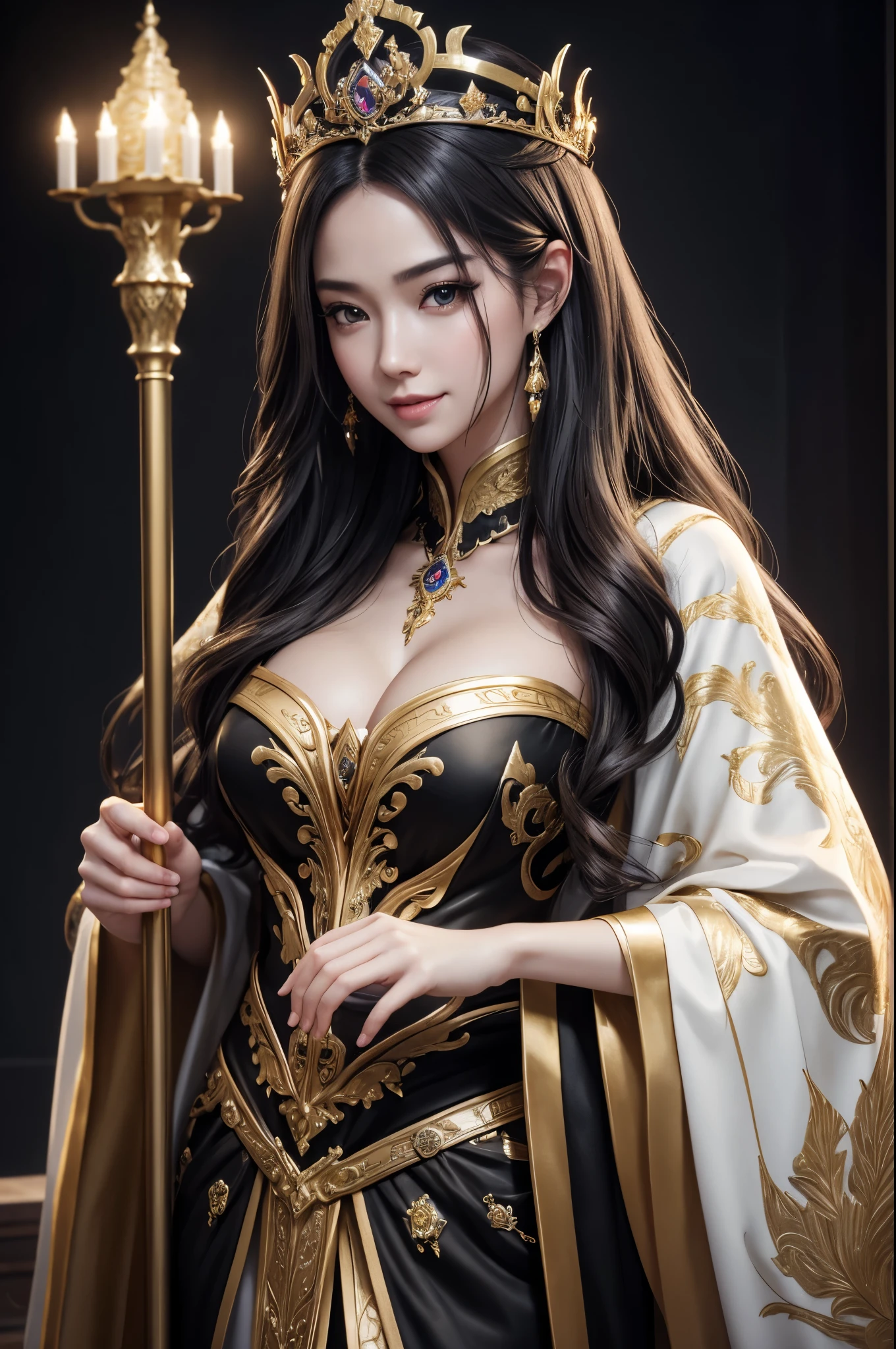 8k,gray long hair,Close-up of a woman in black and gold costume holding a pole, beautiful fantasy empress, ((beautiful fantasy empress)), goddess. very high detail, extremely detailed model | art germ, trending on cgstation, Chengwei Pan at Art Station, gorgeous.beautiful, luxurious white and gold cloak,超A high resolution,super realistic skin,beautiful expression,fantasy art,Detail of a hand holding a precise pole,laughter(like the real thing),masterpiece,Photorealistic RAW photos of the highest quality。bright colors,rich colors, Backlight, cinematic lighting, film grain, to be born, 50mm lens, Nikon D850,detailed character art,fantasy art,ultra high resolution,super realistic skin,perfect hand shape,