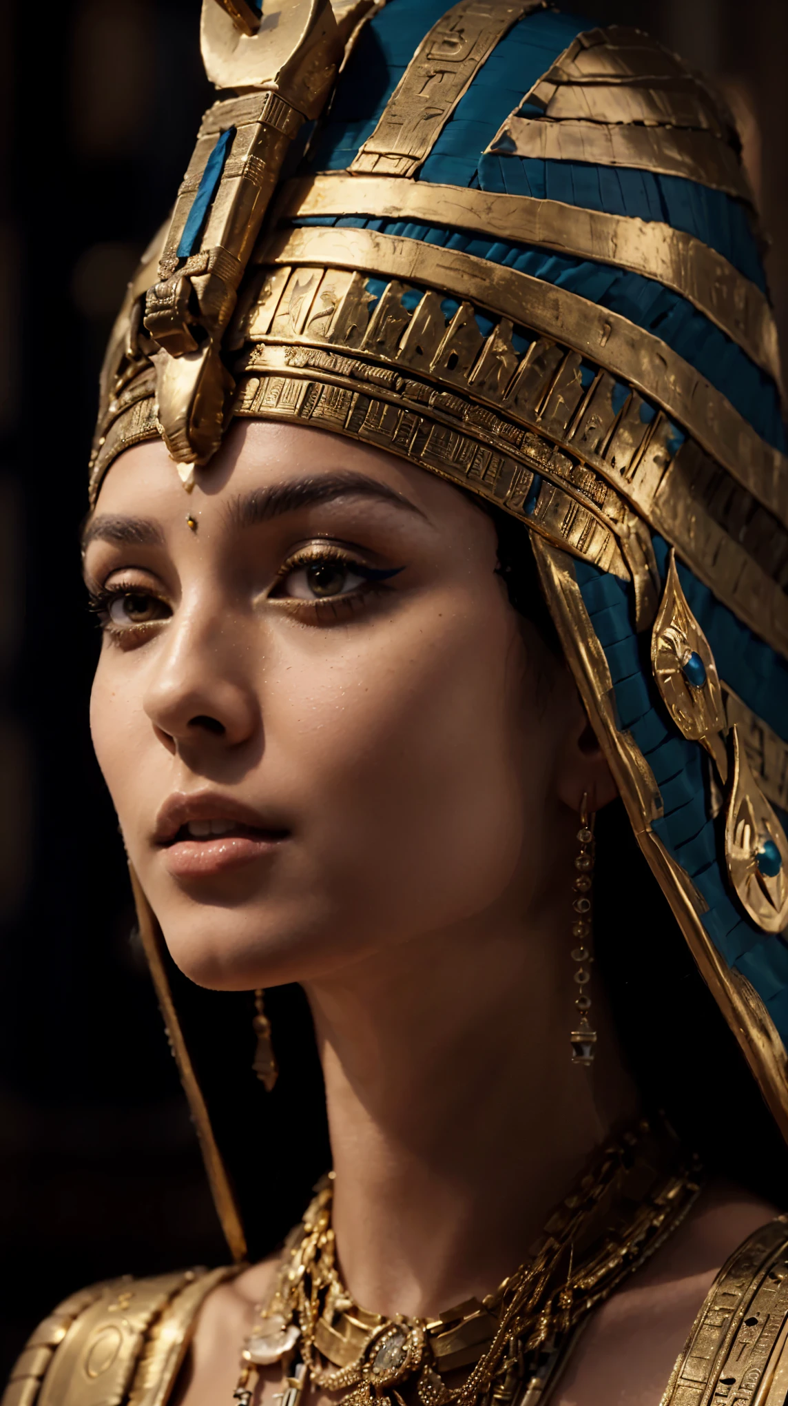 a close up of a woman wearing a gold and blue headdress, beautiful cleopatra, cleopatra portrait, wearing an egyptian crown, egyptian princess, egyptian makeup, egyptian, cinematic goddess close shot, cleopatra, a stunning portrait of a goddess, gorgeous woman, portrait of a beautiful goddess, ancient egyptian, egypt makeup, egyptian style, black emma watson as egyptian
