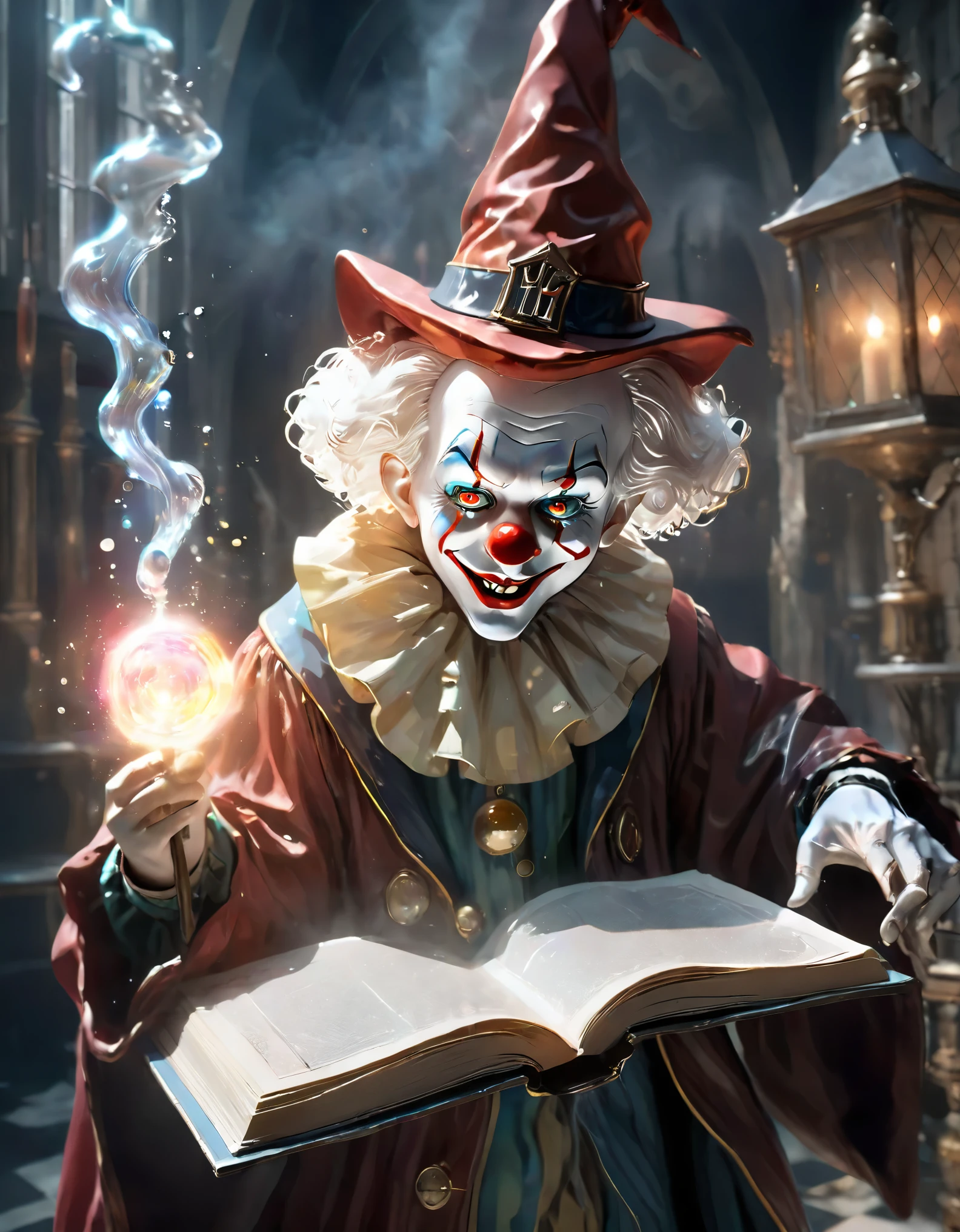 (Melhor qualidade, 8K, high resolution, Obra-prima: 1.2), Ultra detalhado, (Realista, Fotorrealista, Fotorrealista: 1.37), (A clown dressed at Hogwarts School of Witchcraft and Wizardry, The eyes are full of strangeness and wickedness，In a magical ritual: 1.42), With his magic book and a crystal staff with mystical symbols. The scene is full of vivid colors. The clown's magic trick creates a captivating visual spectacle. Every detail of the magic is meticulously rendered. Textures and lighting effects highlight the pulsating energy. The images are true works of art, have very high resolution. Every detail has been taken care of with the utmost care, Possui uma atmosfera impressionante cheia de magia, Cercado por uma aura misteriosa, (anatomicamente correta, pele texturizada, UHD, obra-prima, precisa, super detalhe, alta qualidade, melhor qualidade, high resolution , 8k), elemento fogo composto por elementos fogo