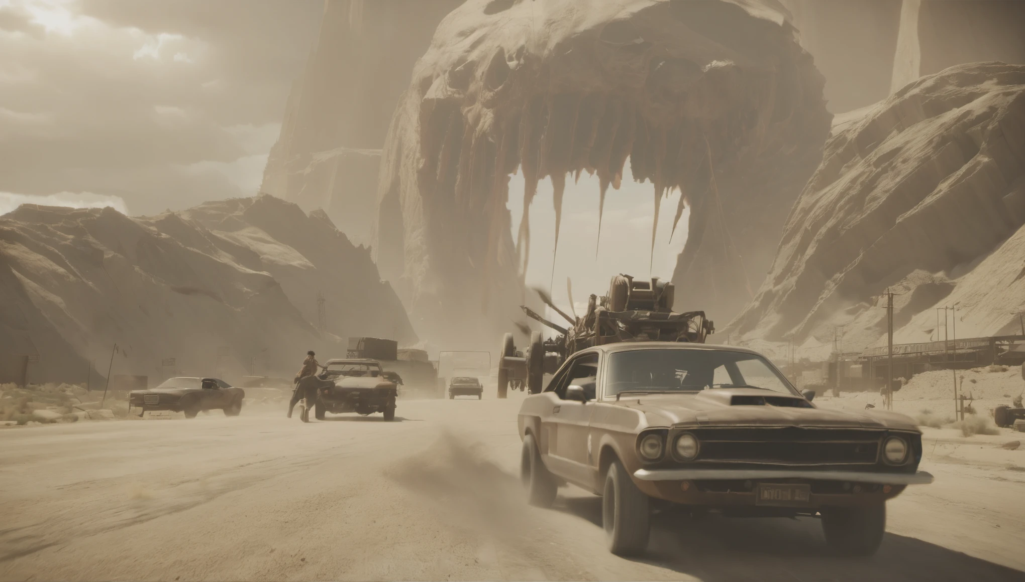 Breathtaking graphics from the Attack on Titan universe, filming epic races in the distance in small cars from Mad Max against the backdrop of wasteland and canyons near industrial plants , breathtaking scenery, and impressive lighting effects, that create impressive visual experiences, cars eat very far.