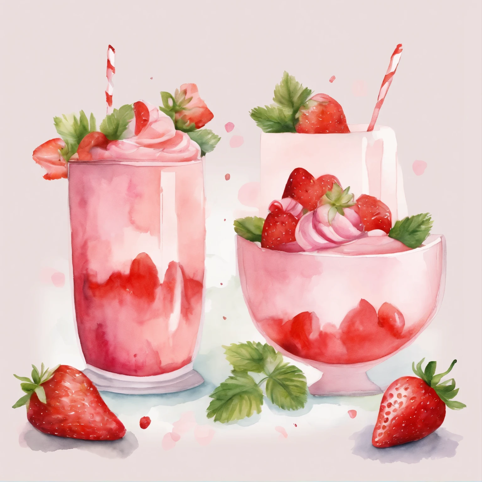 (pastel colour:1.2)、(cute illustration:1.2)、(watercolor painting:1.2)、white background、strawberry mousse in cups with strawberry slices sticker、strawberry fruit, mousse, cups, strawberry slices、pale pinkish green throughout、confections, sweet, sticker style, no background, rounded edge, sticker, individual sticker, watercolor