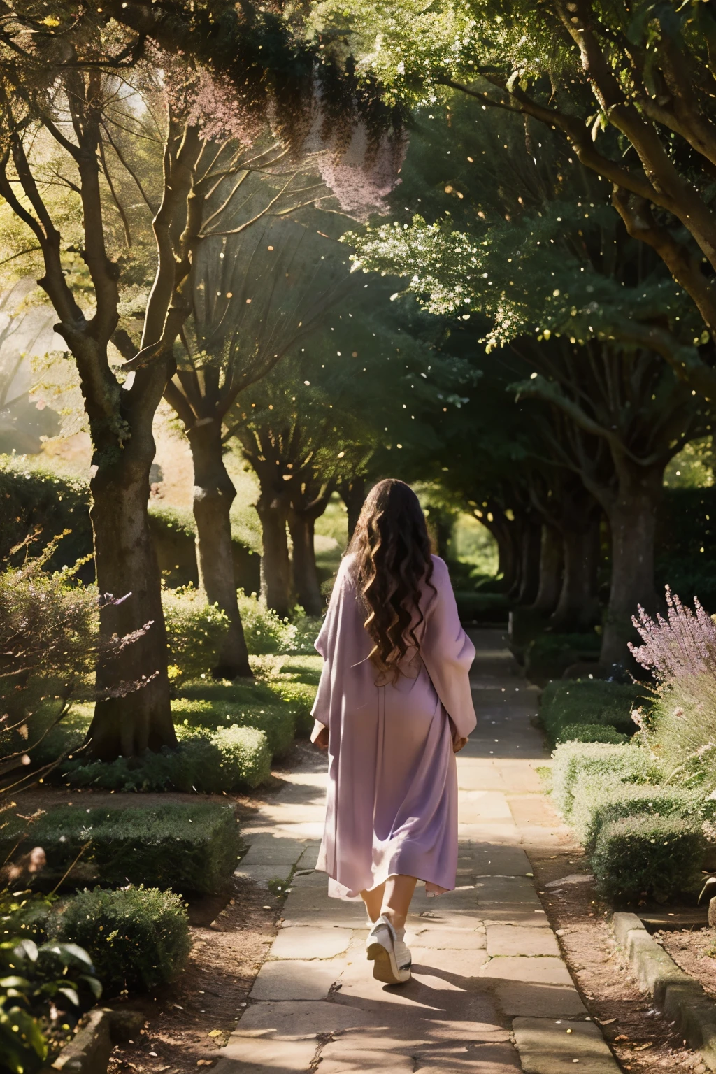 Light skinned woman with long curly hair in a feminine lilac cloak walking through an etheral garden with towering trees with light peering through and sparkling streams.  Looks as if can step into the past or another world or dimension. Don't show face. Don't show shoes. 