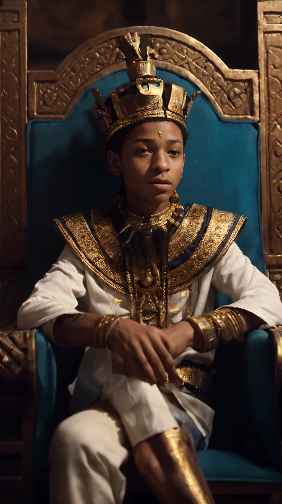 arafed image of a young boy in a gold crown sitting on a blue chair, wearing an egyptian crown, brown skin man egyptian prince, kemetic, black emma watson as egyptian, beautiful androgynous prince, still from a music video, pharaoh, sitting on his throne, portrait of willow smith, maximus jacobs, wears the ankh symbol, pharaoh clothes